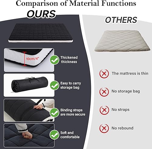 Miniatura 8 de Welnow Colchón de futón japonés, tamaño individual, tapete grueso de tatami, portátil y plegable, colchón enrollable con bolsa de almacenamiento,
