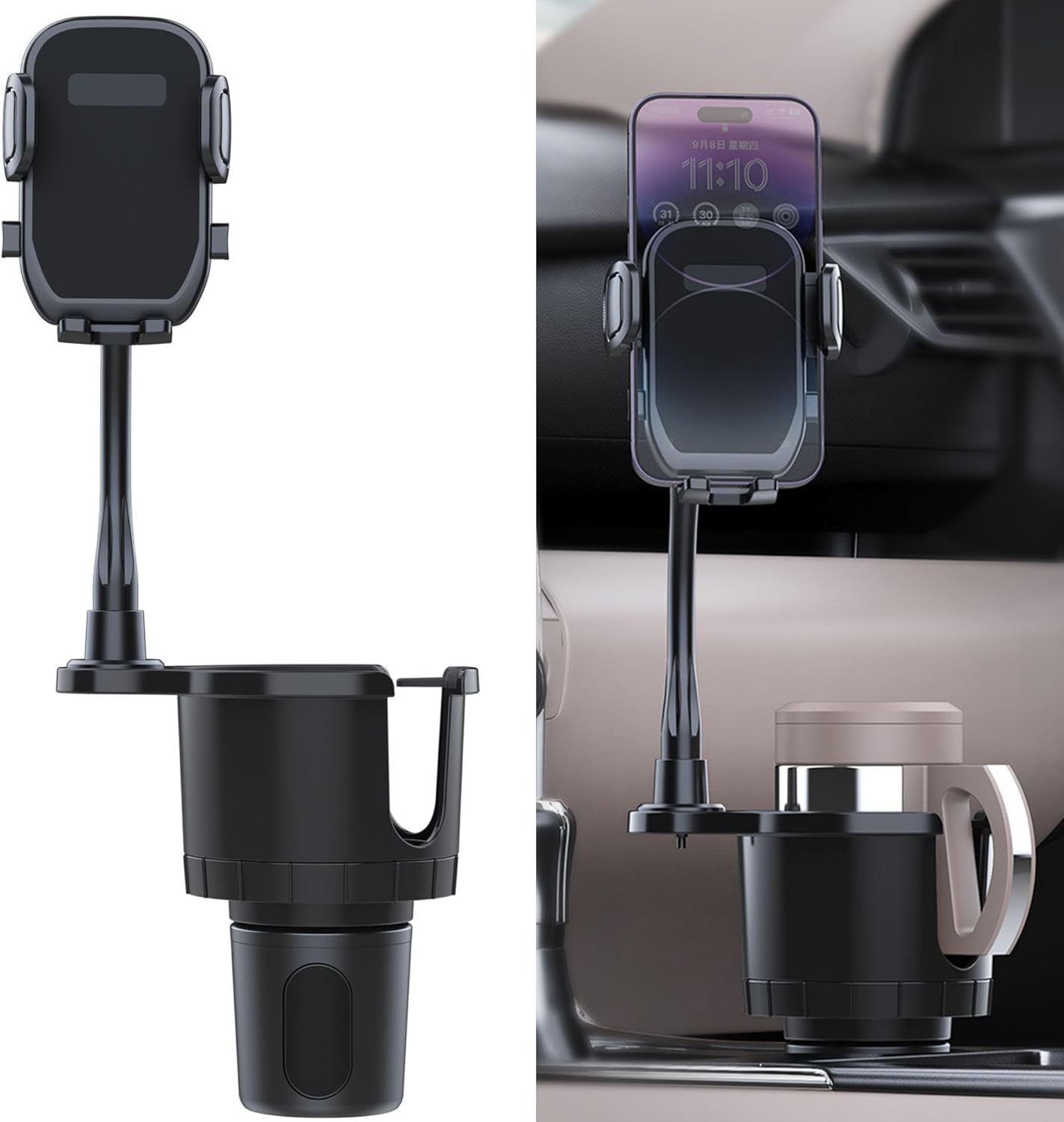 Car Cup Holder with Phone Mount, 2 in 1 Cup Phone Holder Expander for