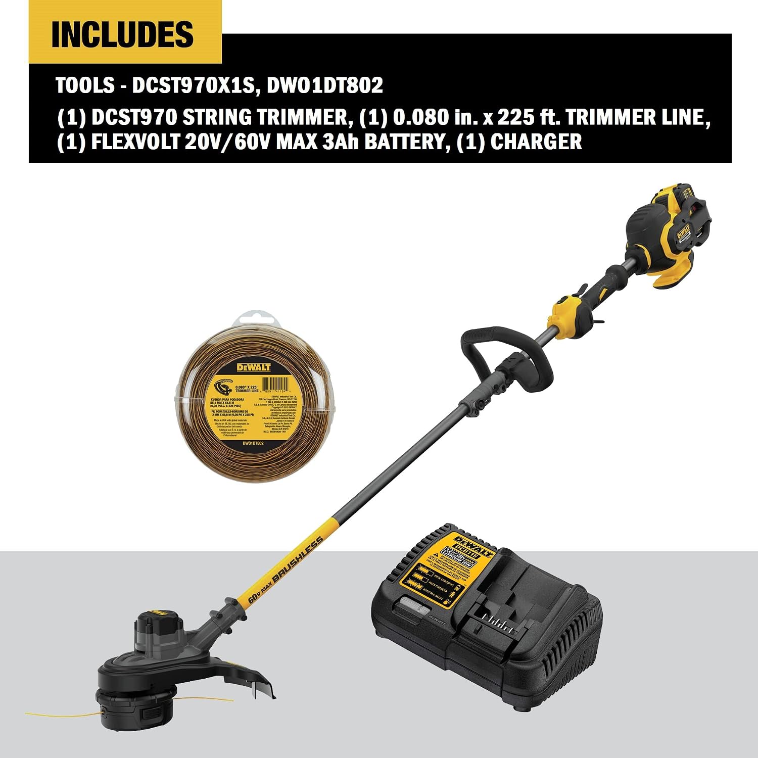 DEWALT FLEXVOLT 60V MAX* String Trimmer, Two Speed, 15-Inch, 3-Ah Battery & Extra Trimmer Line, 225-foot by 0.080-Inch (DCST970X1 & DWO1DT802)