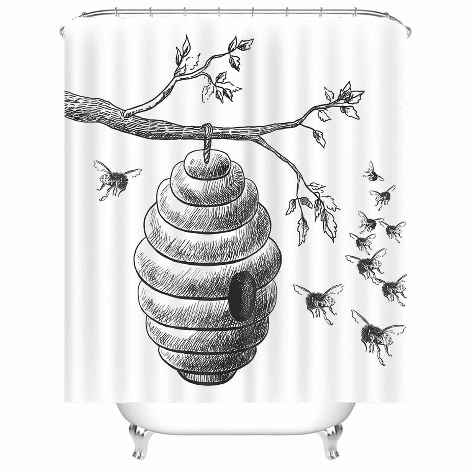 Zasłonki prysznicowe z oczkami łazienka, wzór plastra miodu na drzewie zasłona łazienkowa z haczykami, poliester, 180 x 200 cm, biała