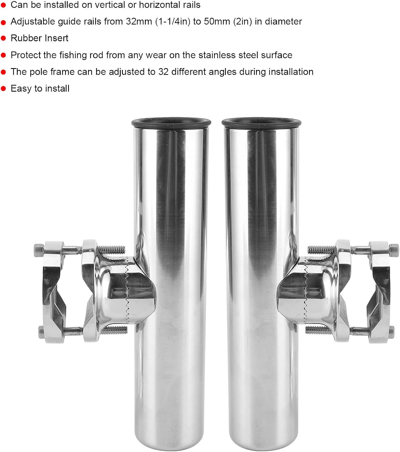 KIMISS Fishing Rod Support, 2pcs Stainless Steel Fishing Rod Holder for Tournament Clamp for 1‑1/4into 2in Rail Mount Support