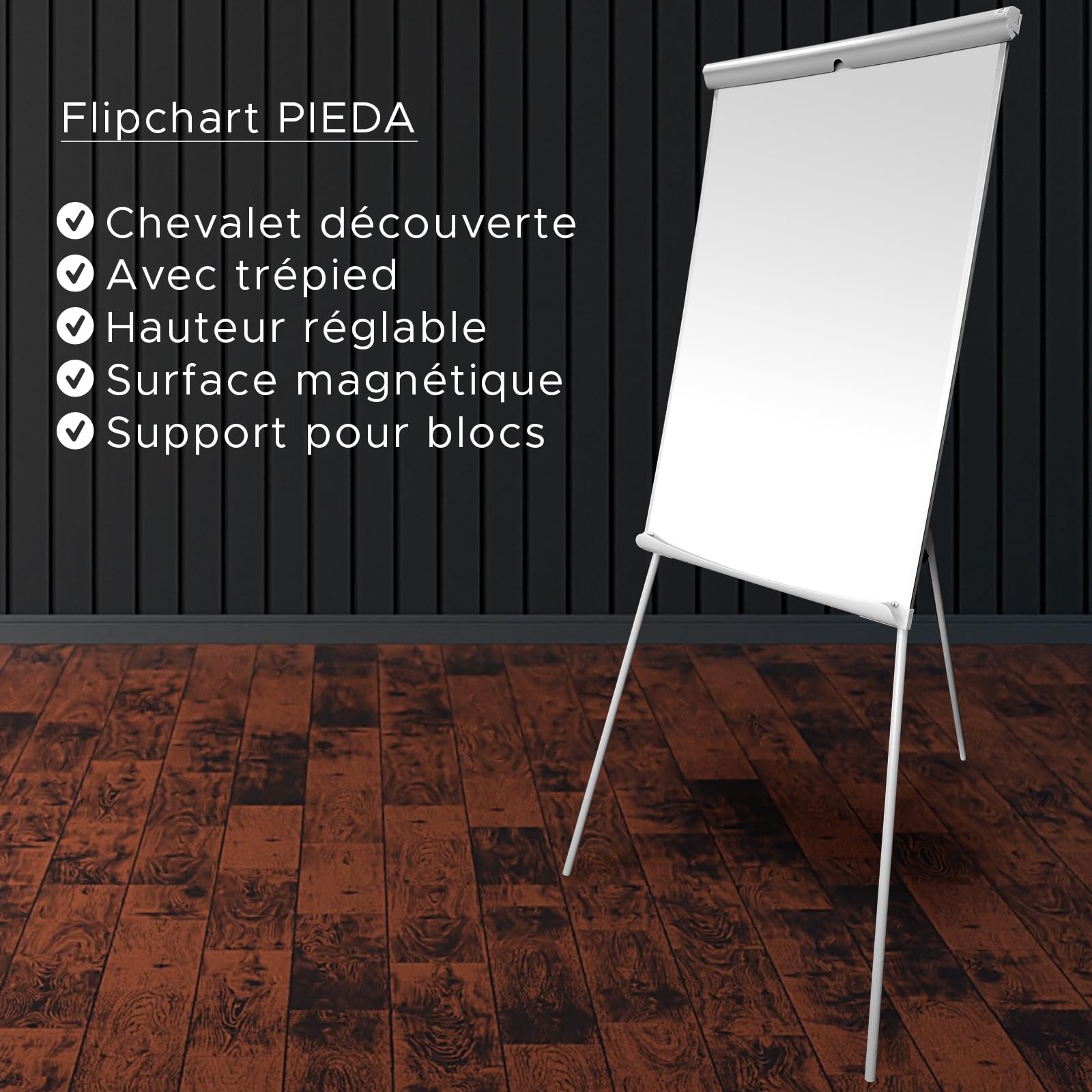VISCOM® Chevalet de conférence avec trépied PIEDA – Flipchart magnétique utilisable avec ou sans papier – Chevalet de présentation statique – Sans bras extensibles