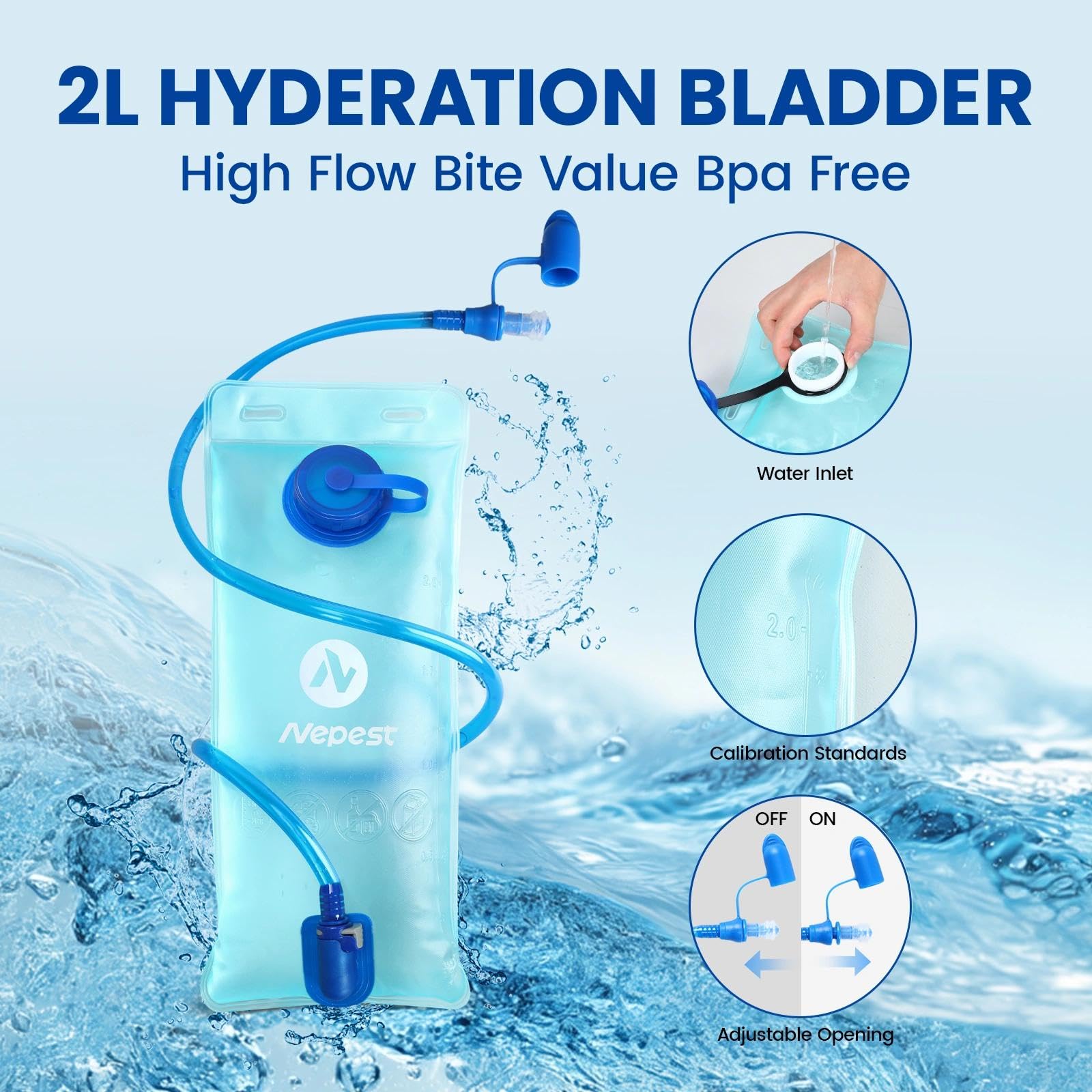 Nepest Sac à dos d'hydratation avec poche à eau de 2 L pour le cyclisme, sac à dos d'eau pour la randonnée, la course à pied, sac d'hydratation léger