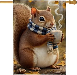 Squirrel House Flag, Fall Fanciful Mug Scarf Fall Brown Double Sided Burlap Outside Large Garden Flag for Outdoor Patio Lawn Entrance Campsite 28x40 Inch