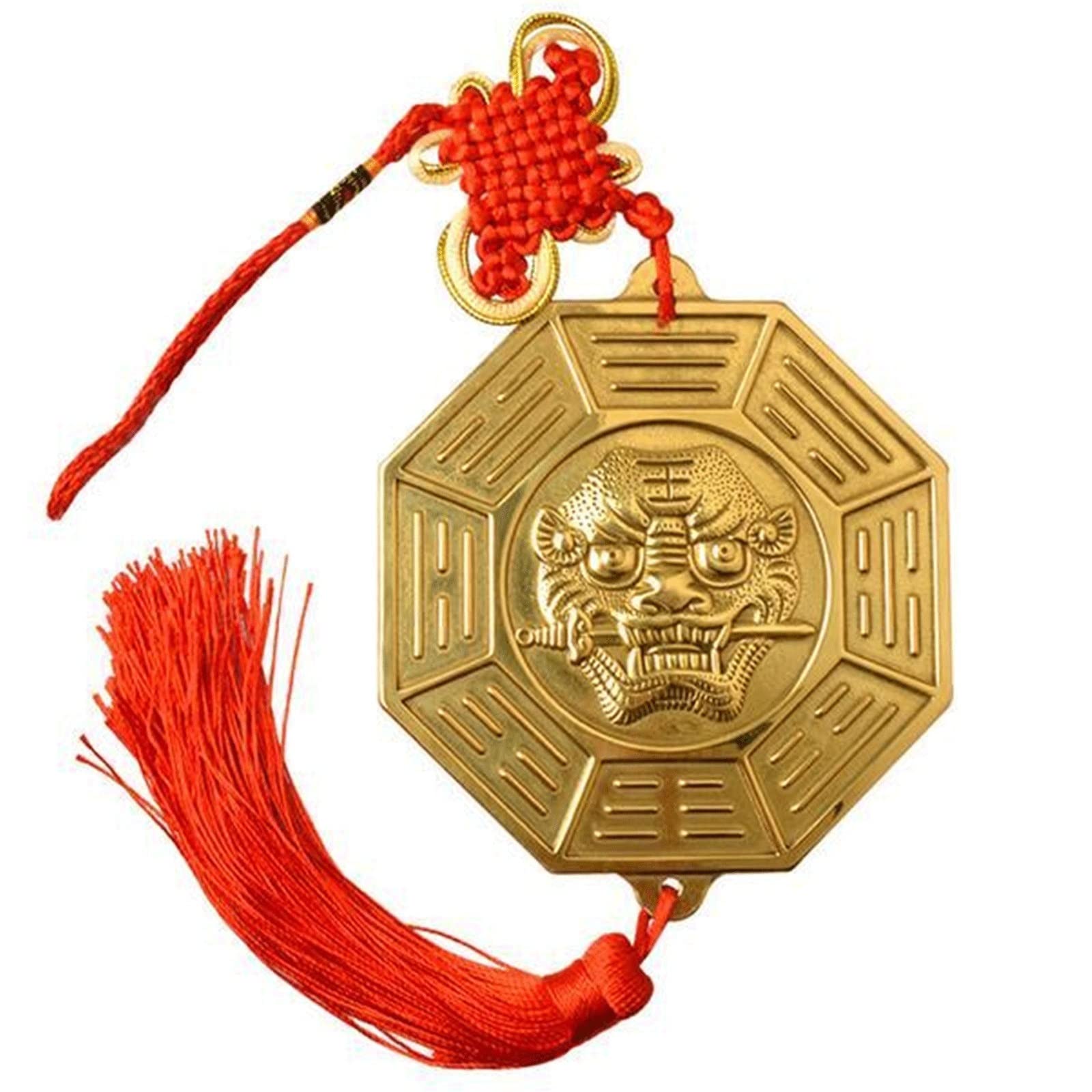 CHAKEUZND Chinese Feng Shui Mirror,Bagua Mirror, Fengshui Gossip 12 Zodiac Copper Tiger Head Biting Sword Plane Mirror Home Decoration 10.6cm Brings Good Luck Business Bagua Mirror