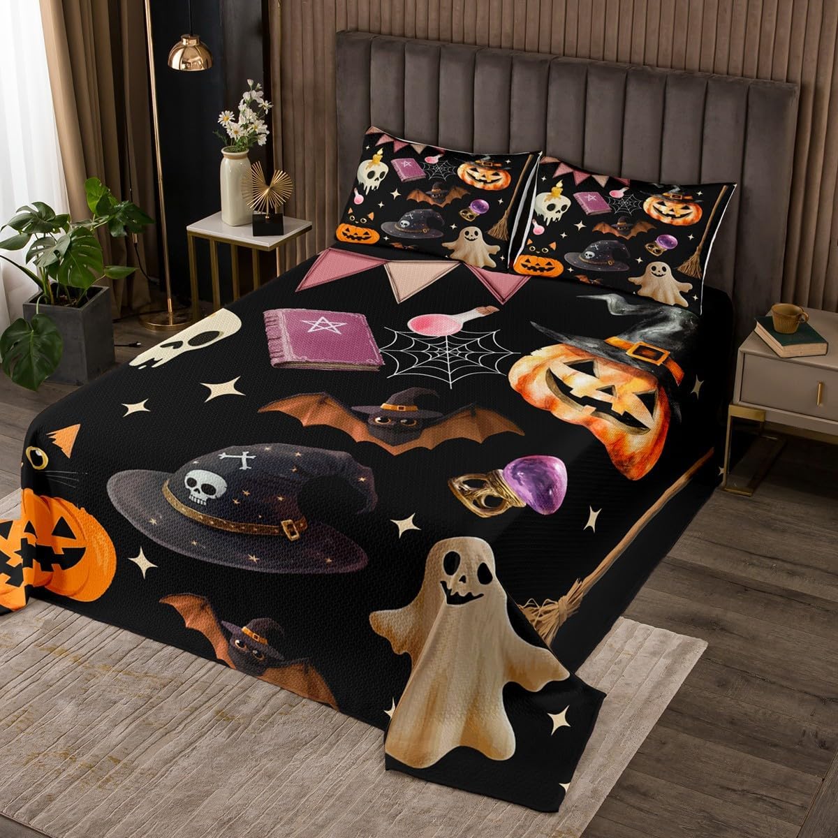Erosebridal Gothic Bedspread Set, Antique Bone Moon Coverlet Set Queen Pumpkin Lantern Dead Moth Quilted, Tribe Witch Hat Bohemian Style Decor, Horror Halloween Decorations Indoor