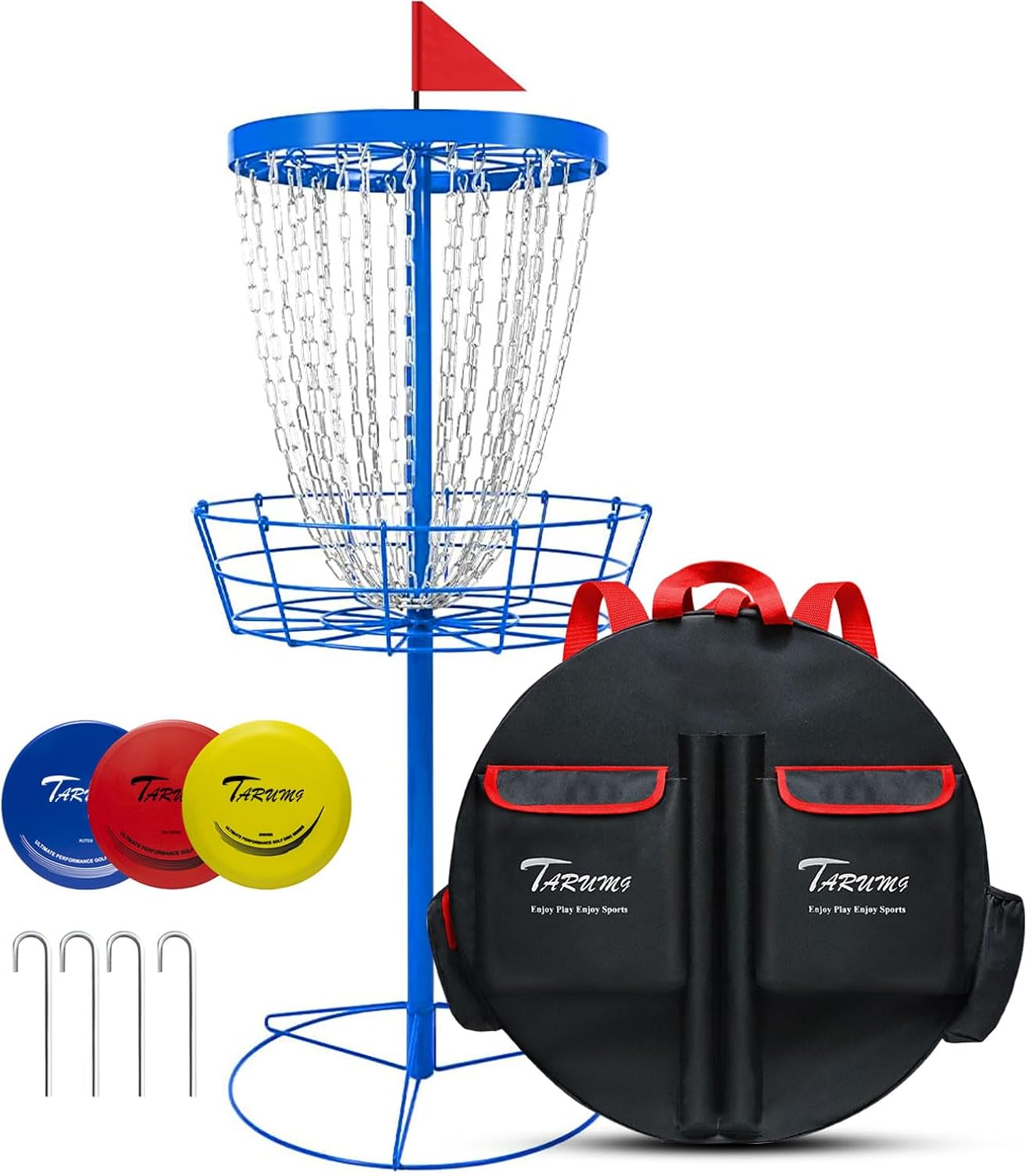 TARUMG Disc Golf Basket - Portable Disc Golf Target with Heavy Duty 24-Chains Come with Transit Bag and 3pcs Disc Golf Discs, Ground Stake -Suitable for Players of All Levels - Multi Color Available