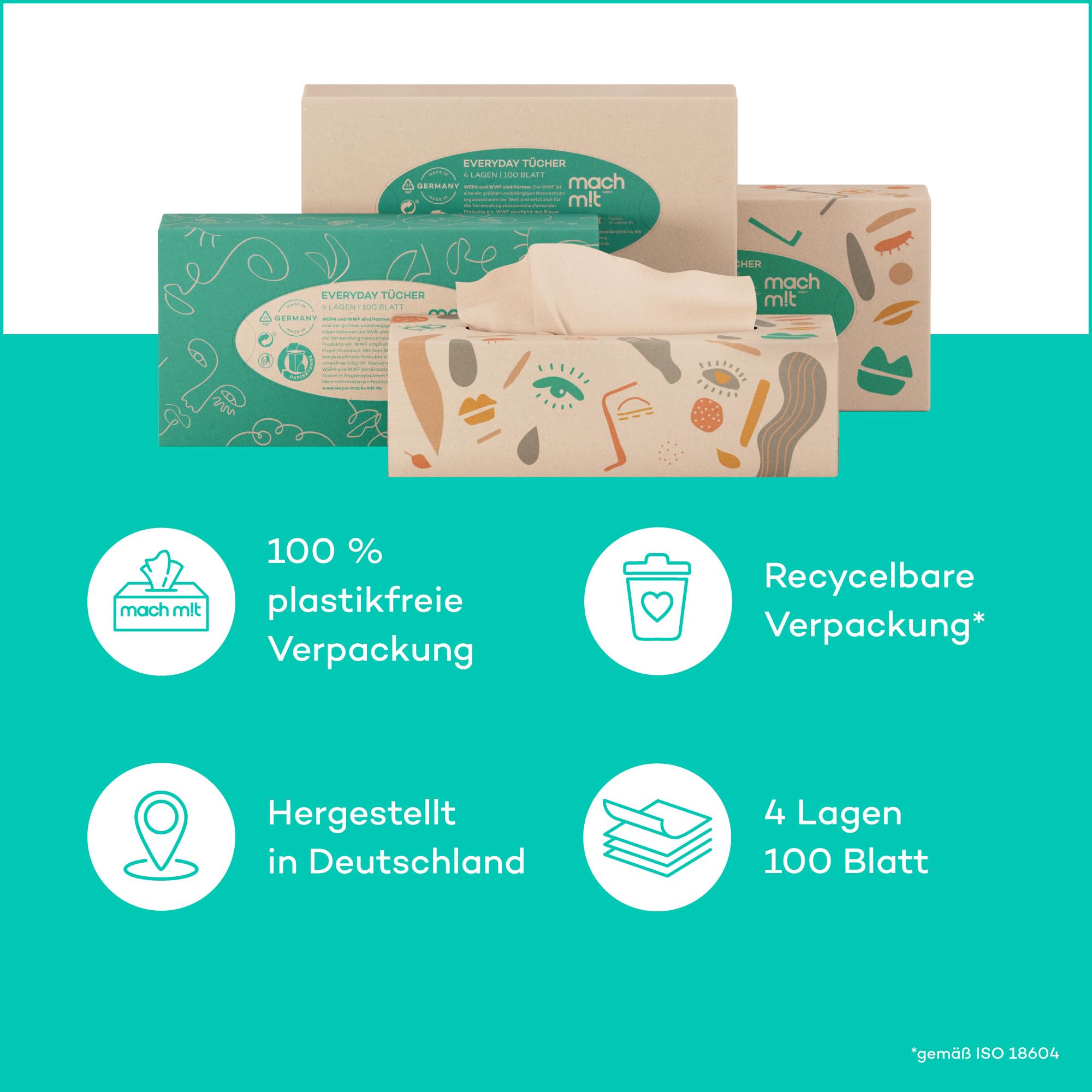 machm!t Kosmetiktücher 4-lagig - 24 Boxen - 100 Tücher pro Box – ohne Bleichmittel - aus recyceltem Karton - extrem weich & nachhaltig – Made in Germany – 100% recycelbar - Großpackung