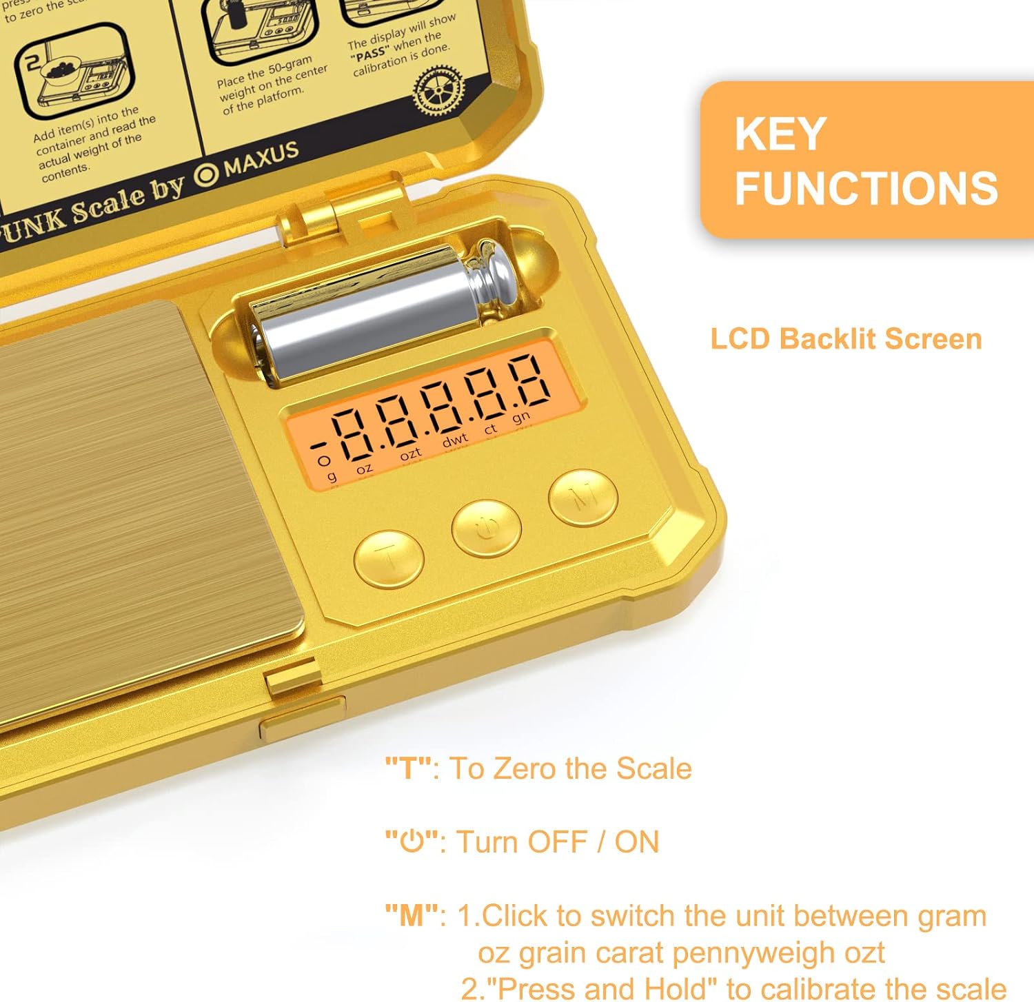 Skull Embossed Digital Scale 200g x 0.01g with 50g Calibration Weight Steampunk Style Pocket Scale Golden Scale Gold Punk Food Scale Backlit LCD Display Stainless Steel Platform Gram Grain Ounce