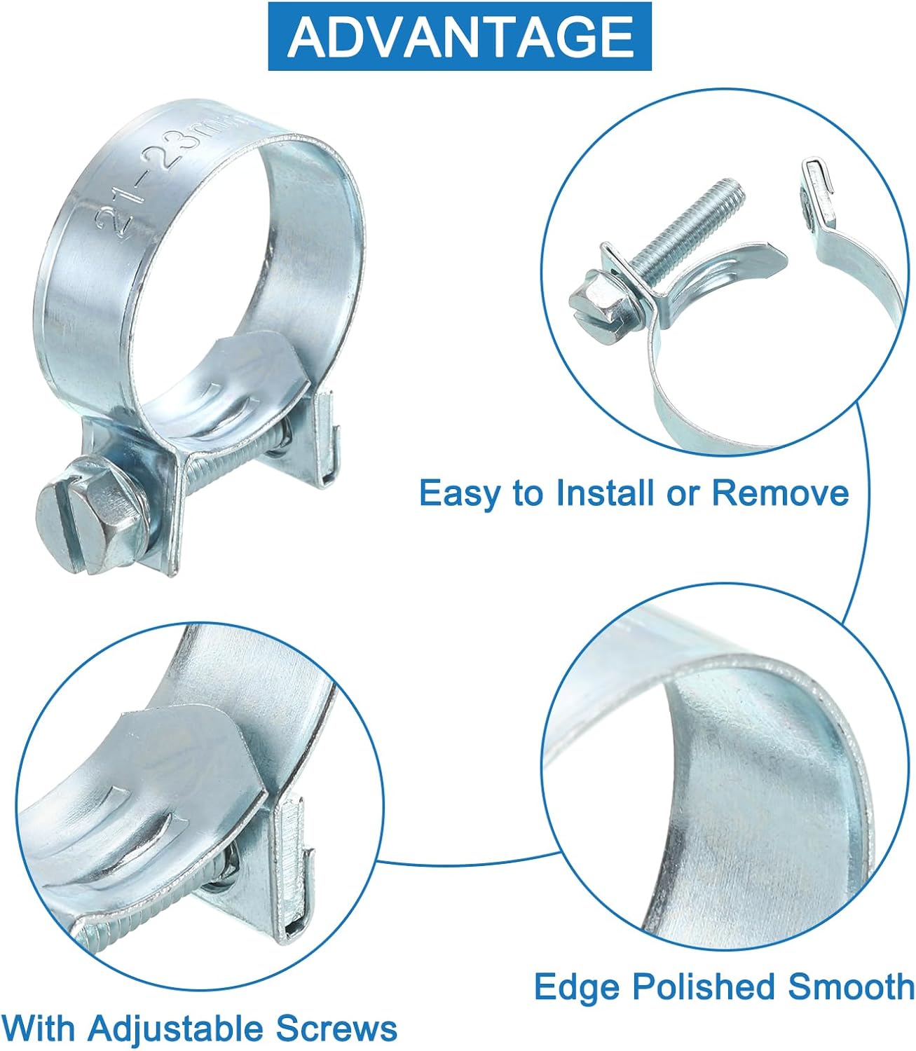 10Pcs Mini Fuel Line Pipe Hose Clamp Clip, Adjustable 21-23mm(0.83"-0.91") Fuel Injection Line Style Hose Clamp, Zinc Plated Pipe Hose Clip Tube Clamps