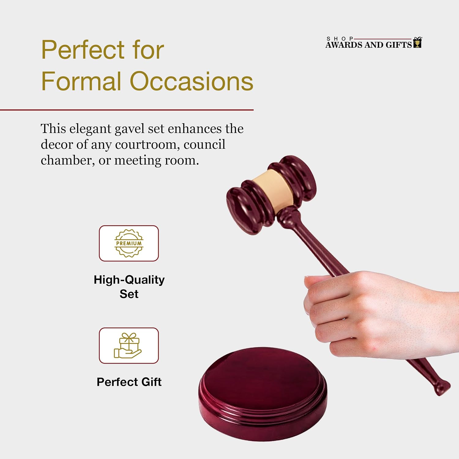 SHOP AWARDS AND GIFTS 10 Inch High Gloss Rosewood Piano Finished Gavel and Block Set, Includes 9 x 13 inch Deluxe Satin Lined Box