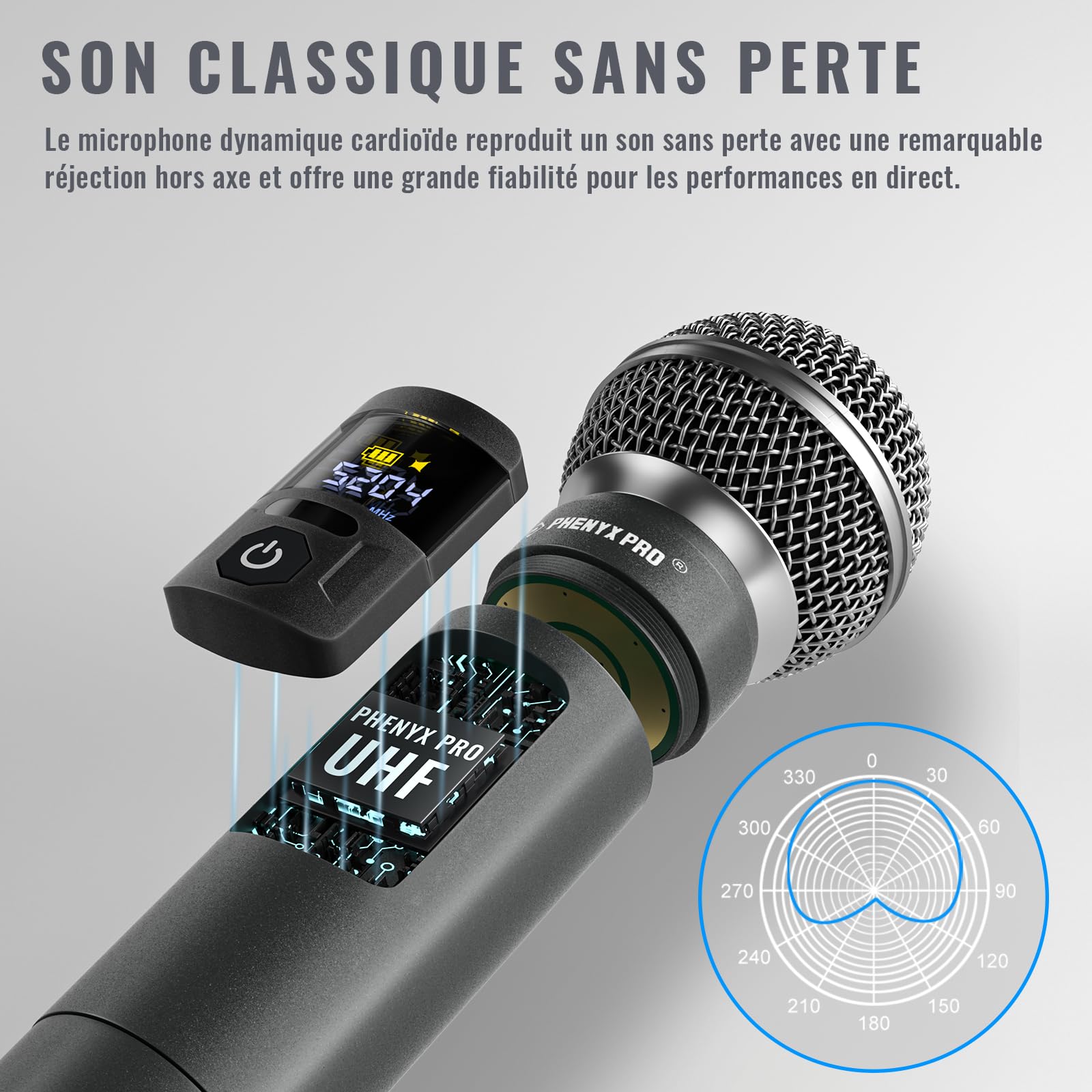 Phenyx Pro Système de Microphones sans Fil, Ensemble de Microphones sans Fil à Main pour Le Chant, Le karaoké, l'église, 2x30 fréquences UHF réglables, portée de 200 Pieds (PTU-52)
