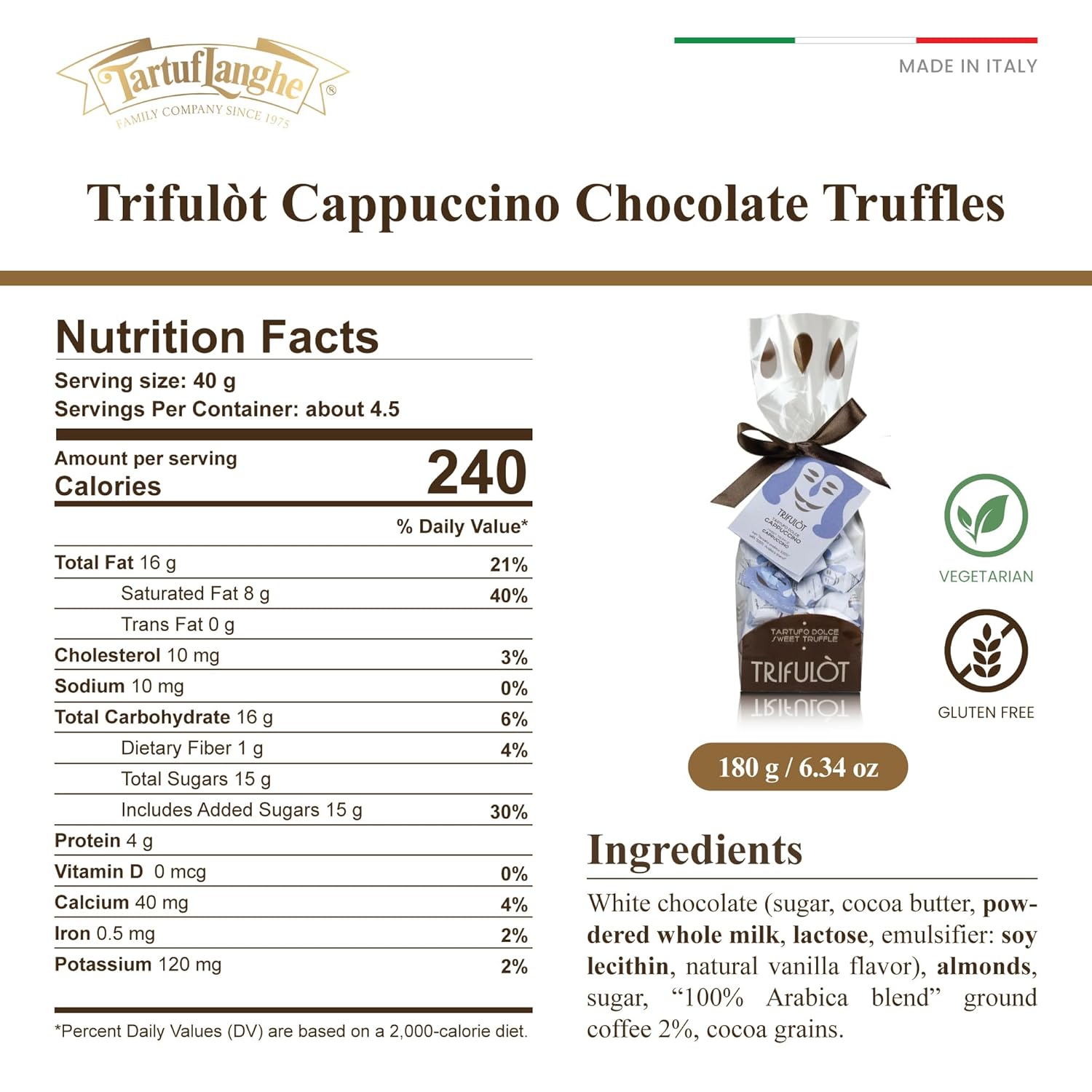 TartufLanghe Trifulot Cappuccino Milk Chocolate Truffles with Coffee - Individually Wrapped Gourmet Italian Truffle Candy, Fancy Chocolate Gift Set in a Bag From Italy- 6.34 OZ