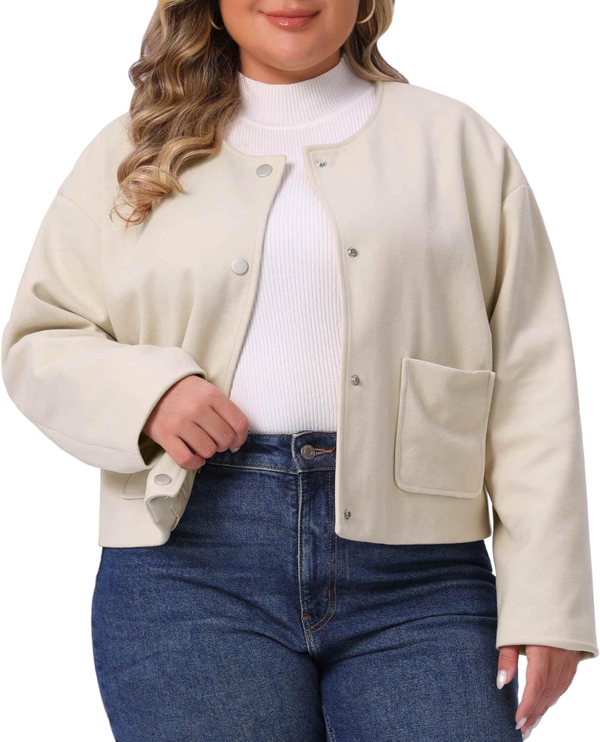 Agnes Orinda Plus Size Cropped Jackets for Women Single Breasted Bomber Jacket Long Sleeve Casual Shacket Coat with Pockets