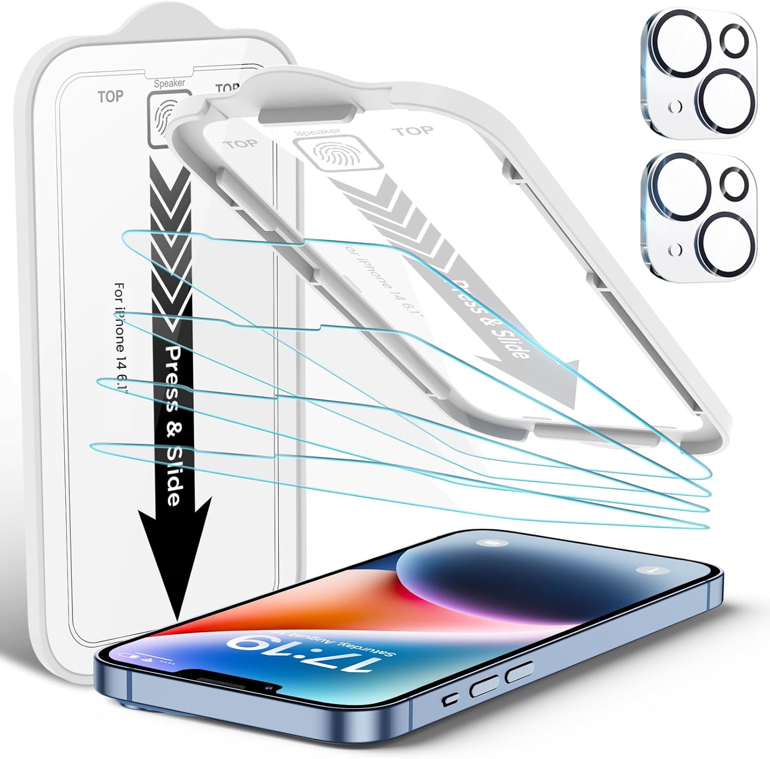 EZ-GLAZ-4 Pack Screen Protector for iPhone 14[6.1 inches] With 2 Pack Camera Lens Protector, [Drop Protection] 9H Hardness Scratch Resistant Tempered Glass Film, Easy to install – HD Clear