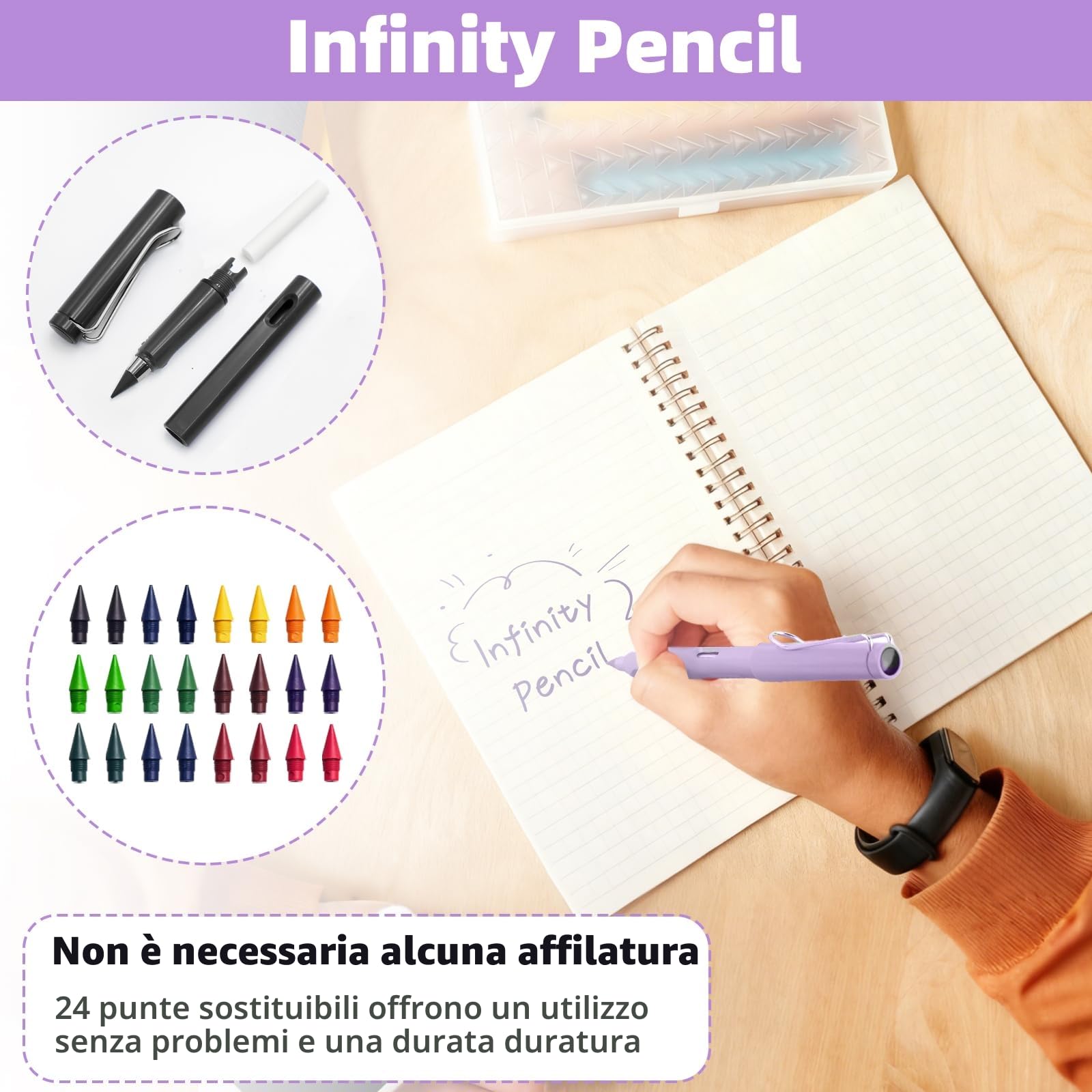 Matita Infinita Colorata 12 Pezzi con 24 Punte Sostituibili, Matite Riutilizzabili senza Inchiostro per Scrittura e Disegno