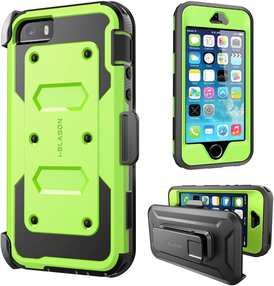 iPhone 5S Case, [Heave Duty] i-Blason Armorbox Slim Hybrid Dual Layer Case with Front Cover and Built-in Screen Protector/Impact Resistant Bumpers Cover with Holster for Apple iPhone 5/5S (green)