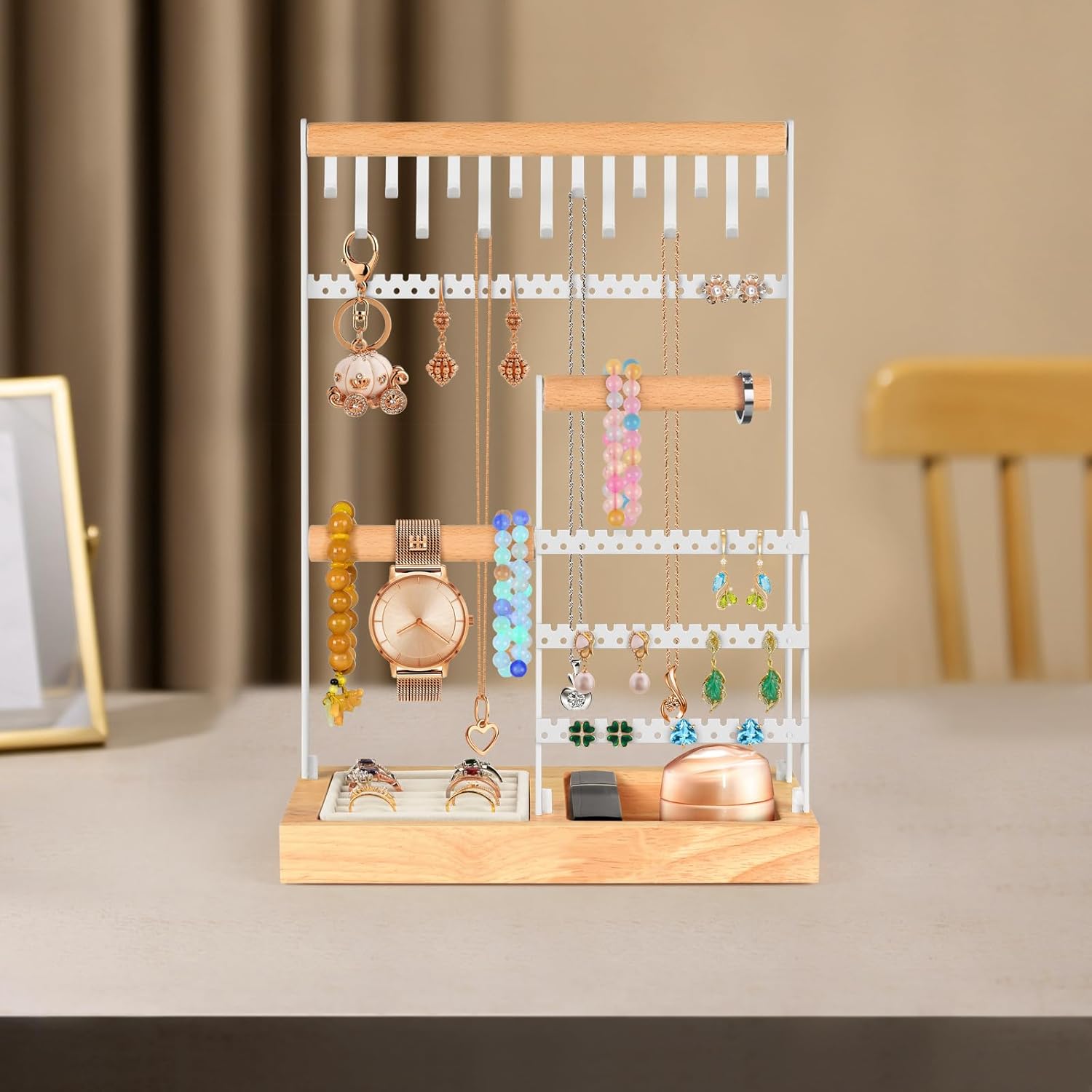 PAMANO Jewelry Organizer with Ring Tray, 15 Hooks Hanging Necklaces, 2 Wooden Bracelet and Metal Display Stand for Watches Earring, Gifts for Women and Girls - Image 5