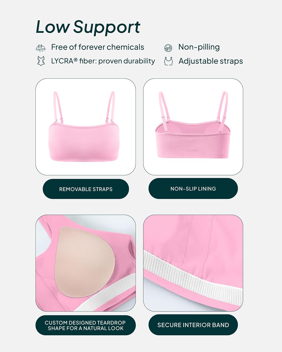 PAVOI ACTIVE Sports Bandeau Bras for Women - Padded Low Support Workout Yoga Bandeau Bra with Convertible Straps - FlexFlow