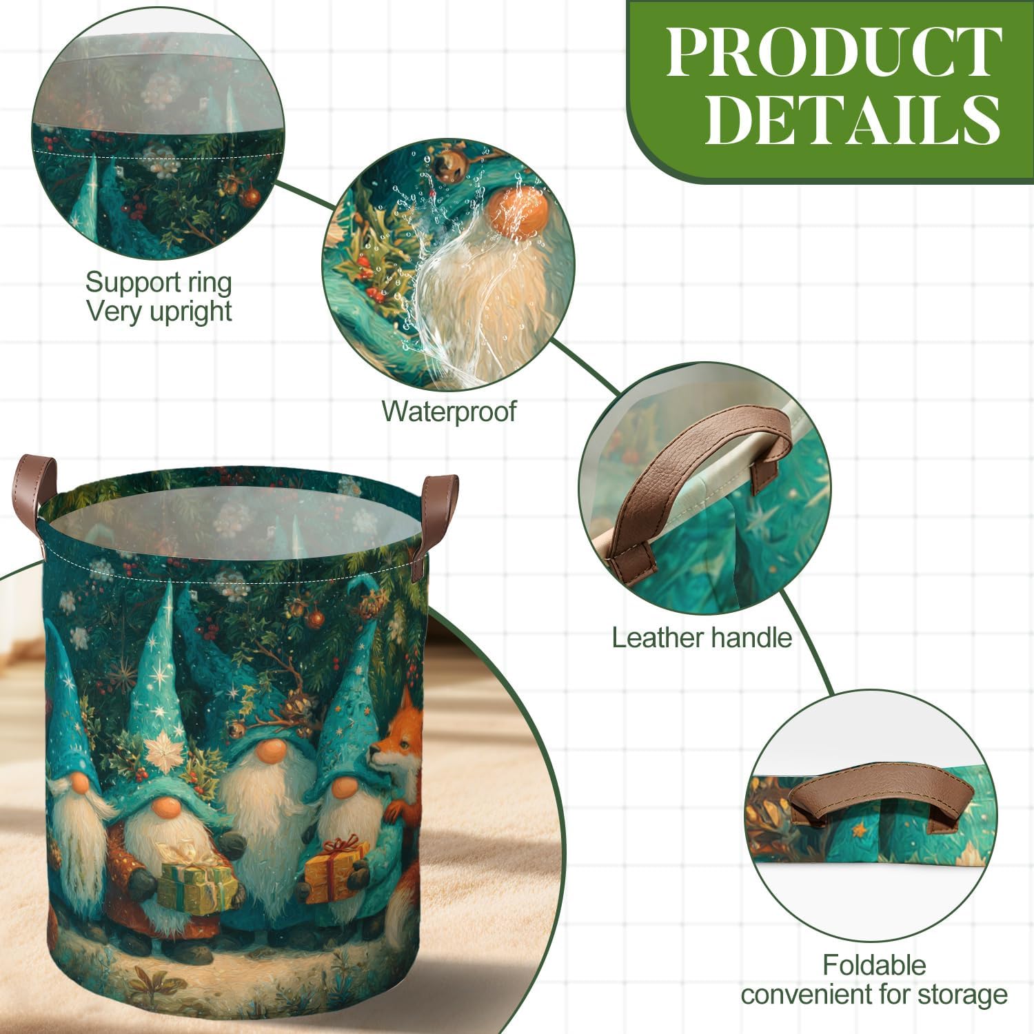 Forest Gnome Christmas Laundry Basket, Holiday Bin, 15.75x19.7in image 4
