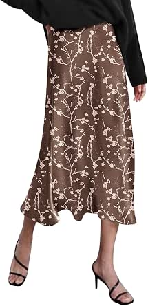 Zeagoo Women's High Waist Satin Midi Skirt
