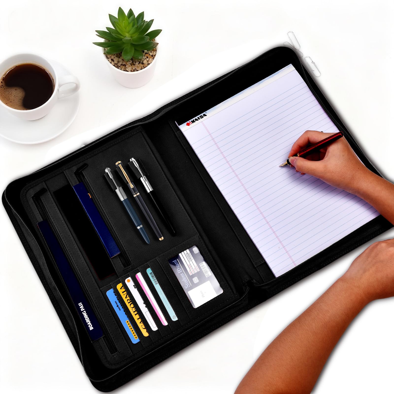 Porte-documents en cuir pour homme et femme | Porte-documents professionnel avec fermeture éclair | Porte-documents, planificateur, classeur de travail | Étui d'accessoires de travail de bureau (noir)