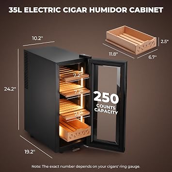 Glencreag 35L Electric Cigar Humidor Cabinet with Thermoelectric Cooling, Adjustable Temperature & Humidity, Led Light, Spanish Cedar Shelves & Drawer, Ideal Gift for Aficionados - 250 Counts