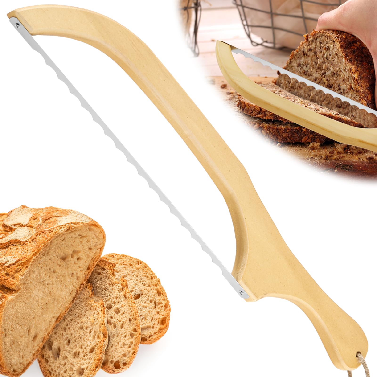 Bread Cutter Serrated Bagel Cutter, Wooden Bread Bow with Stainless Steel Blade Practical Sourdough Slicer with Wooden Handle 15.7×2.8 Inch Slicer Sourdough for Home Baking(01)