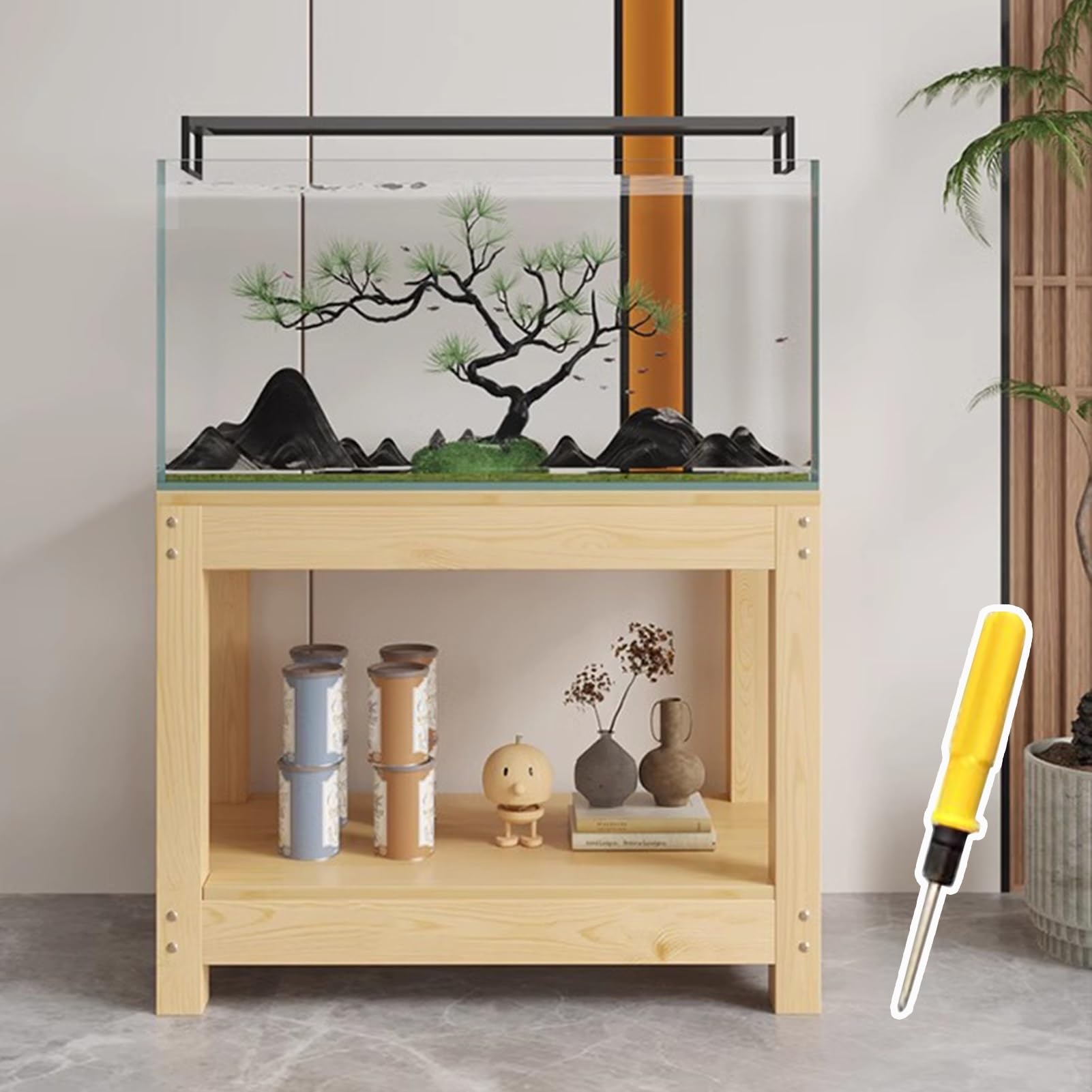 ZIMGOD Fish Tank Stand Solid Wood Aquatic Plant Stand with Accessories Heavy Duty Fish Tank Shelves Holder for