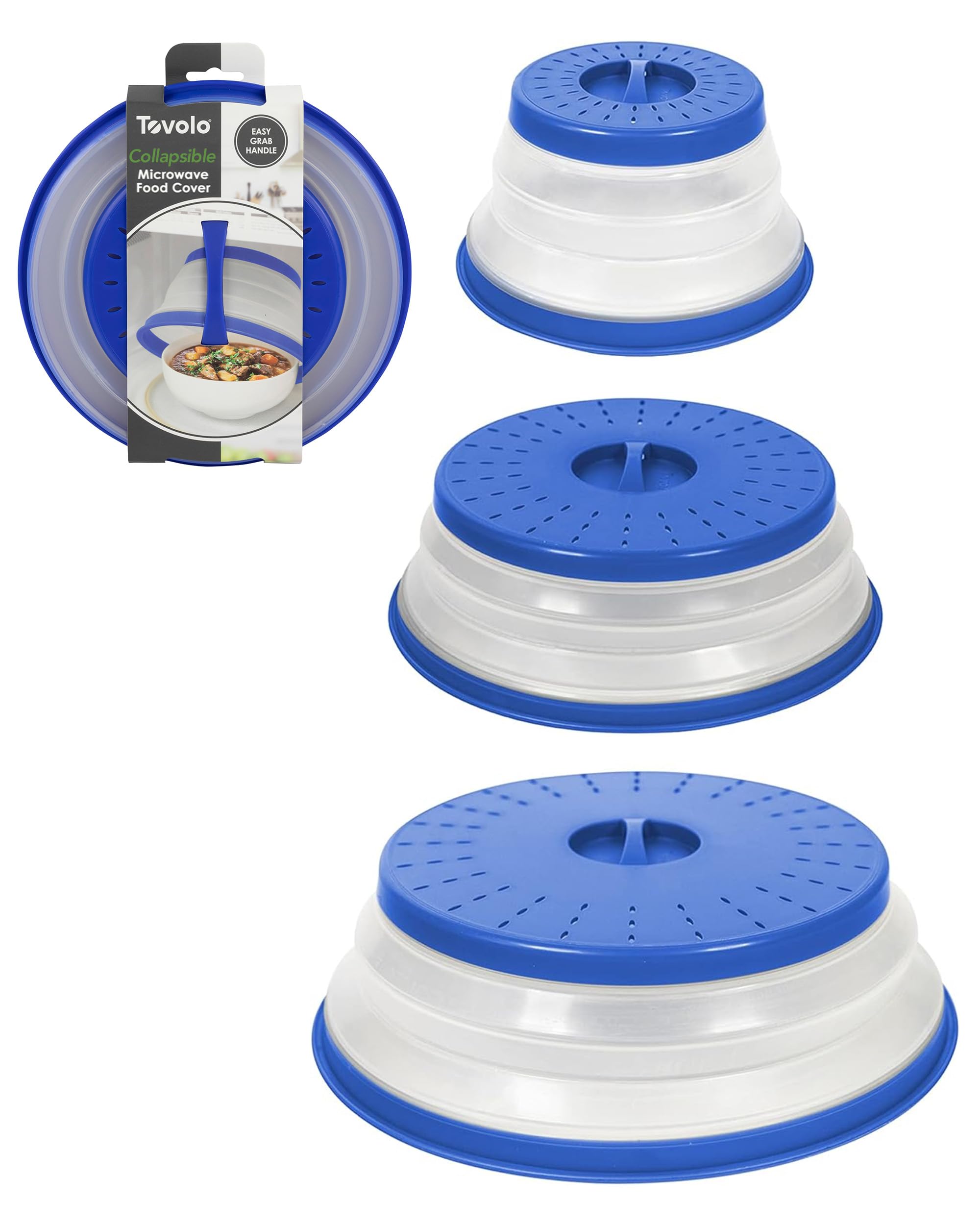 Tovolo Microwave Splatter Cover for Food, 3-Pack (Blue) - Collapsible & Vented Silicone Splatter Guard Lid - Microwave Plate & Dish Cover with Handle - BPA-Free Kitchen Gadget for Meal Prep