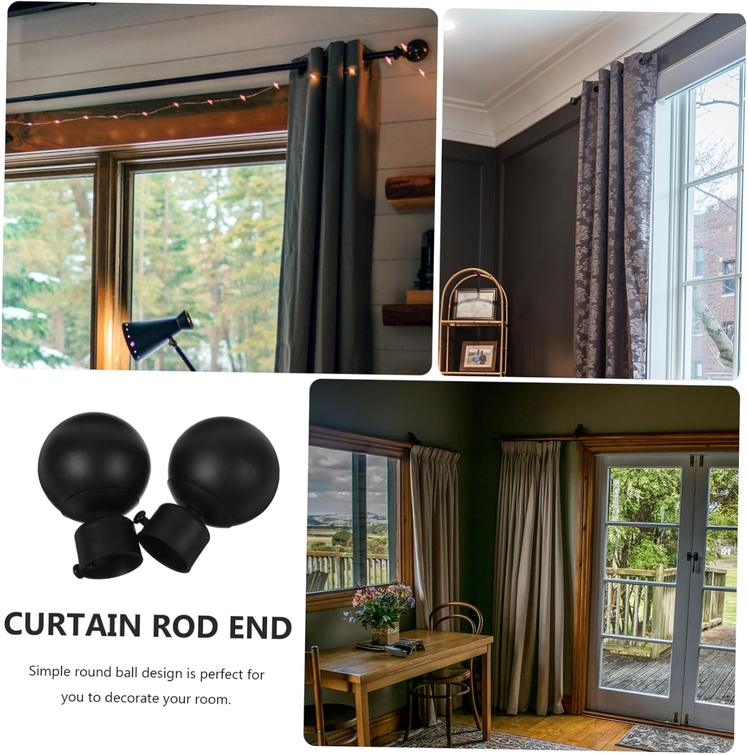 2 Pcs Black Iron Curtain Rod Finials Round Ball End Caps with Adjustable Screw Rust Drapery Pole Head for Home Office Window Rods