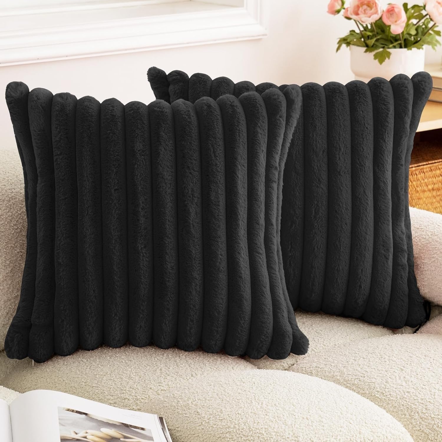 Faux Fur Plush Throw Pillow Covers 18x18Inch Set of 2 - Soft Fluffy Striped Decorative Pillow Covers Cushion Cases for Sofa, Couch,Bedroom,Living Room (Black, 18X18 Inch/45x45cm)