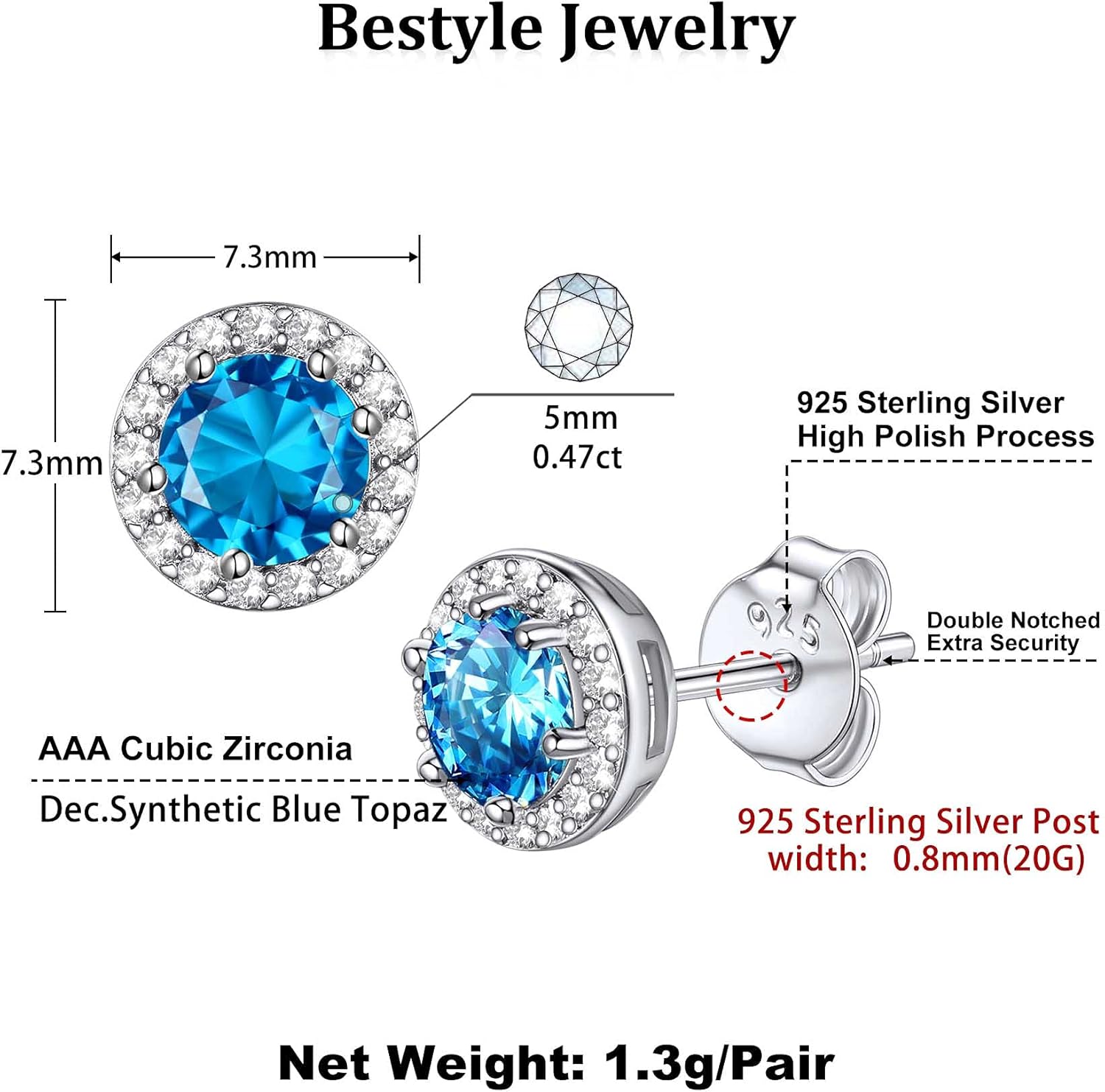 Bestyle Sparkling 925 Sterling Silver Birthstone Stud Earrings for Women, Heart/Round/Teardrop/Square Solitaire Diamond Studs Earrings, Great Birthday/Christmas Gifts - Image 6