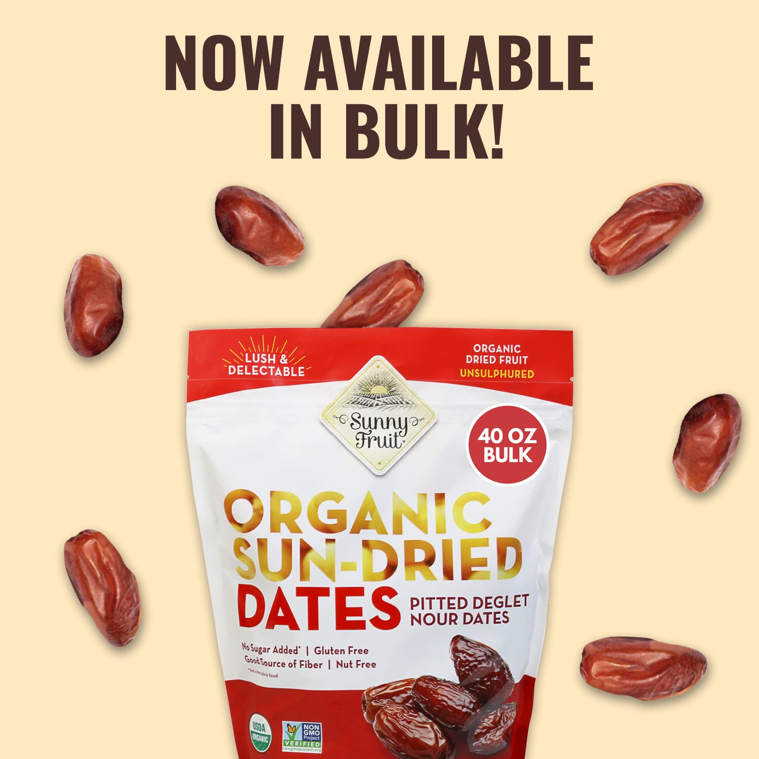 Sunny Fruit Organic Dried Pitted Deglet Nour Dates, 2.5 Pound Bulk Bag | No Preservatives, No Sugar Added | Healthy, Sweet Snack | ORGANIC, NON-GMO, VEGAN, HALAL, KOSHER