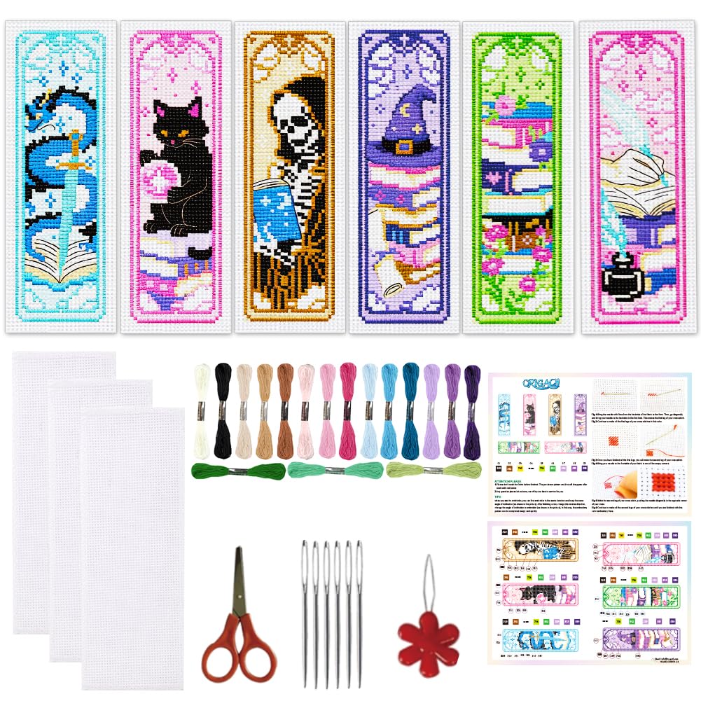 ORIGACH 6 Set Fantasy Tarot Cross Stitch Bookmark Kit for Beginner with Backing Felt Floss Instructions Cat Skeleton Witch DIY Stamped Embroidery Bookmark Kit for Adults, Book Lovers