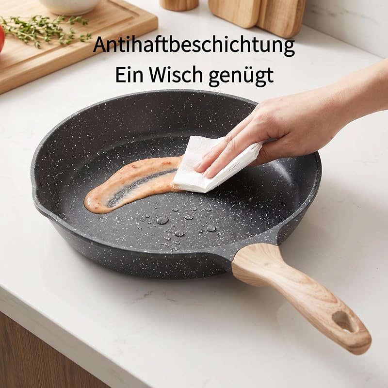 Tigaie antiaderentă din aluminiu pentru inducție JEETEE, 28 cm, gri, potrivită pentru toate plitele, ideală pentru carne, pește, legume și cartofi prăjiți, fără PFOA și PFOS