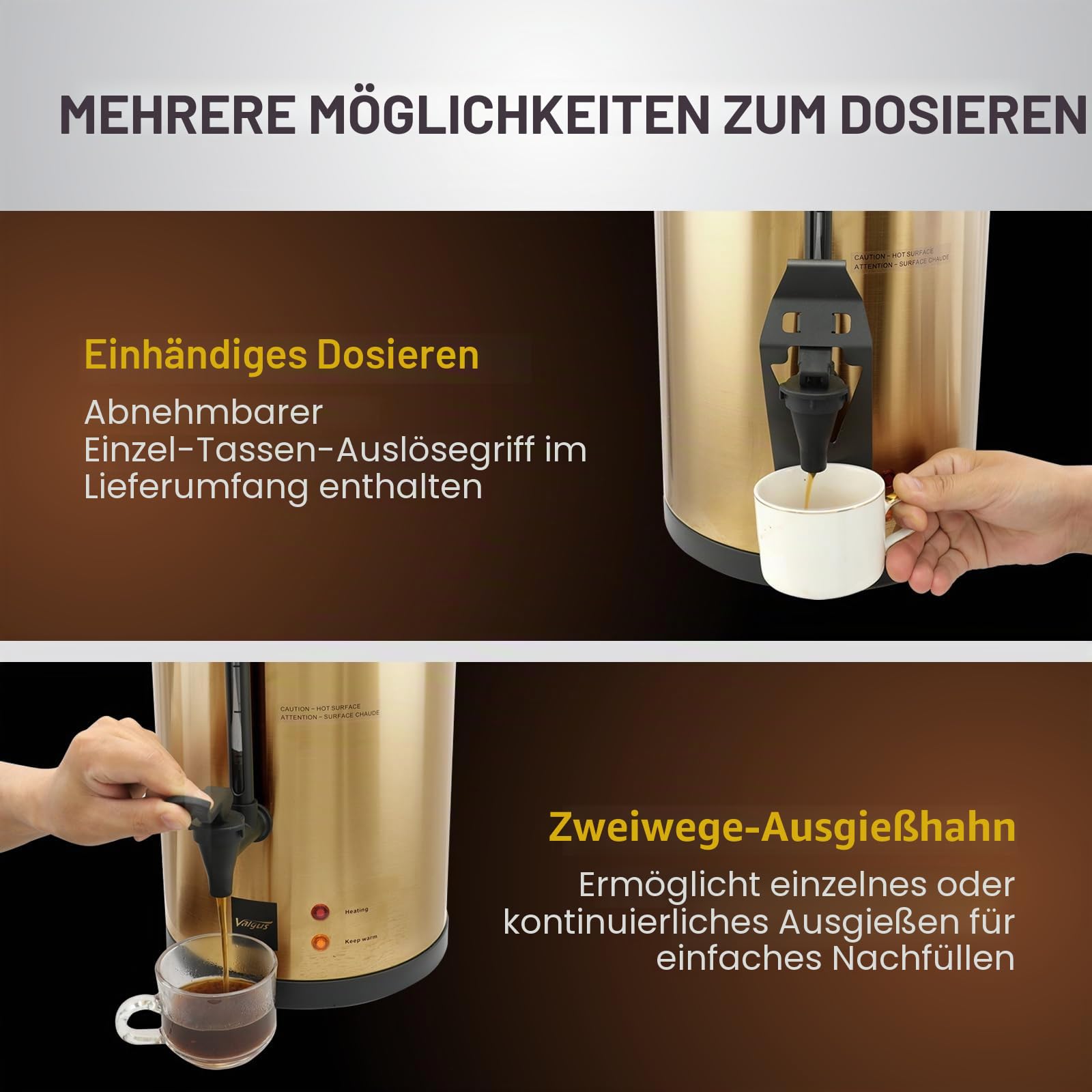 Valgus Kommerzielle Kaffee Urne 55 Tassen 8l Gold Doppelwandige Kommerzielle Edelstahl Kaffeemaschine mit professionellem Kaffeemaschine Wasser-Heizung für Catering Hochzeit Party