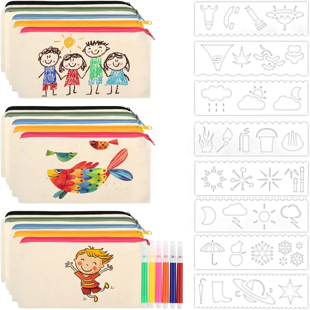 29 Pieces DIY Fabric Pencil Case 21.5 x 11.5 cm Canvas Pencil Case Fabric Bag for Painting 6 Colouring Pencils and 8 Pieces Painting Mould for Work School Travel Canvas Cosmetic Bag