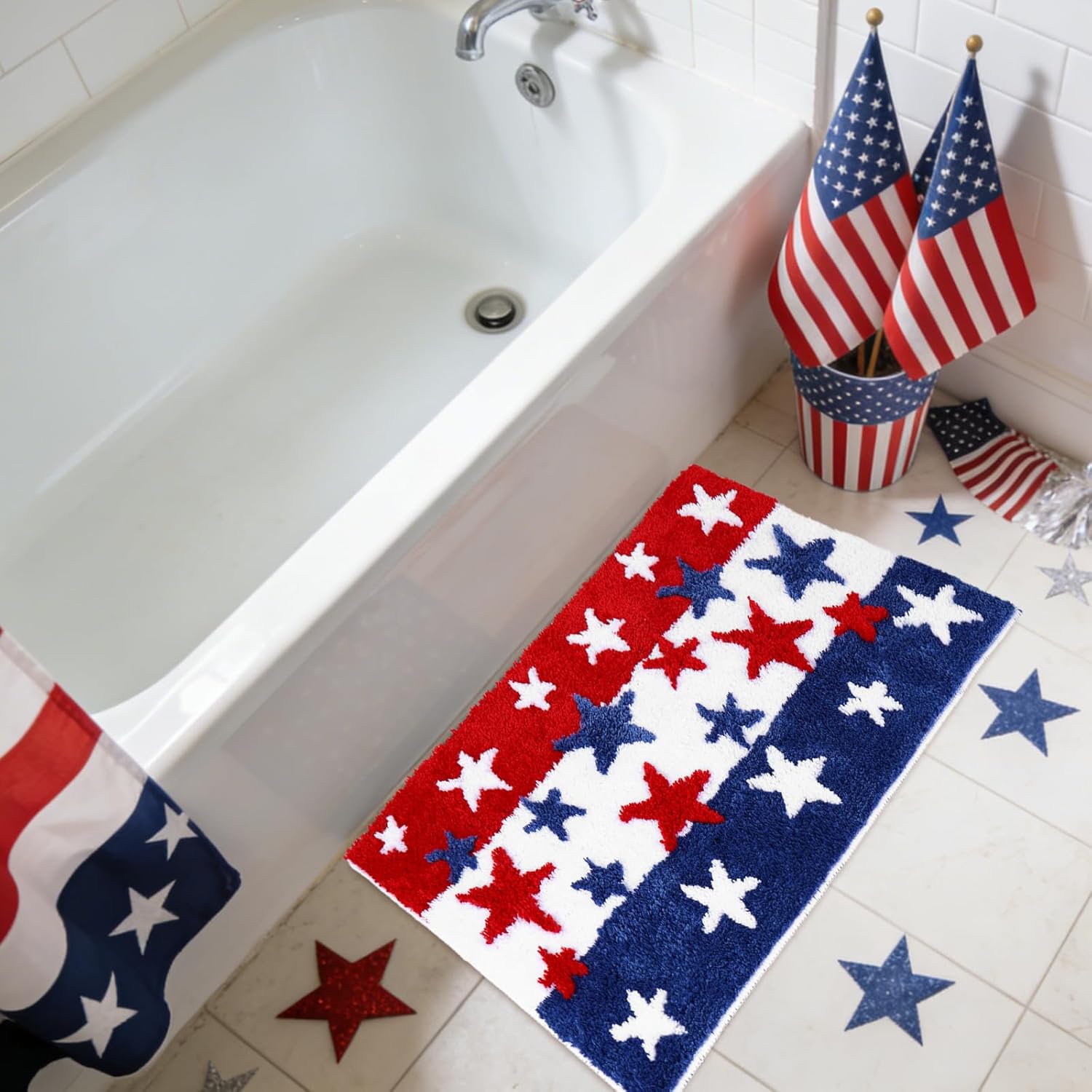 JarThenaAMCS Patriotic Bathroom Rug Bath Mat Non Slip Bath Carpet Red Blue White Star Door Mat for 4th of July Independence Day Home Decoration