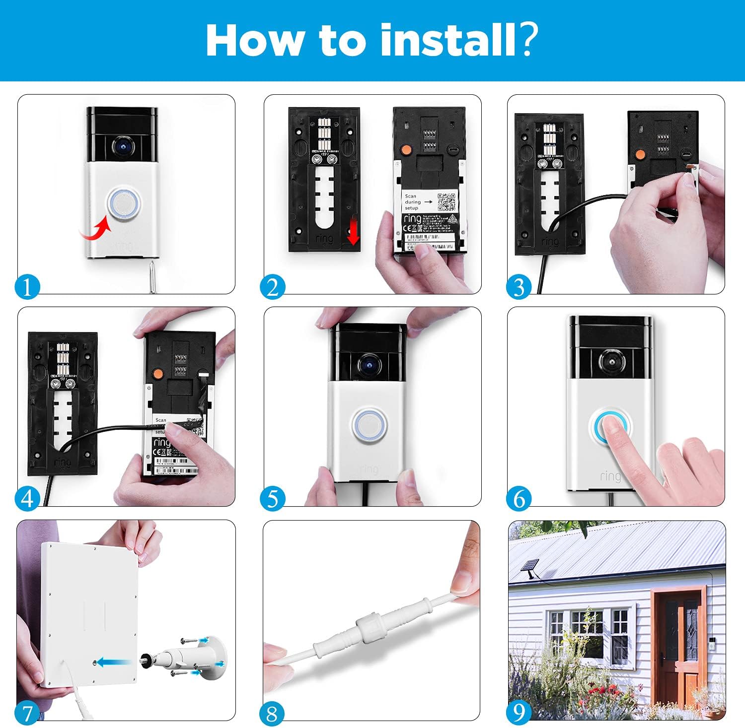 OLAIKE Solar Panel with 3.8m/12ft Power Cable for Video Doorbell 1st & 2nd Gen(2020 Release),Include Detachable Flexiable Wall Mount,Waterproof Charge Continuously(Camera not Included),White