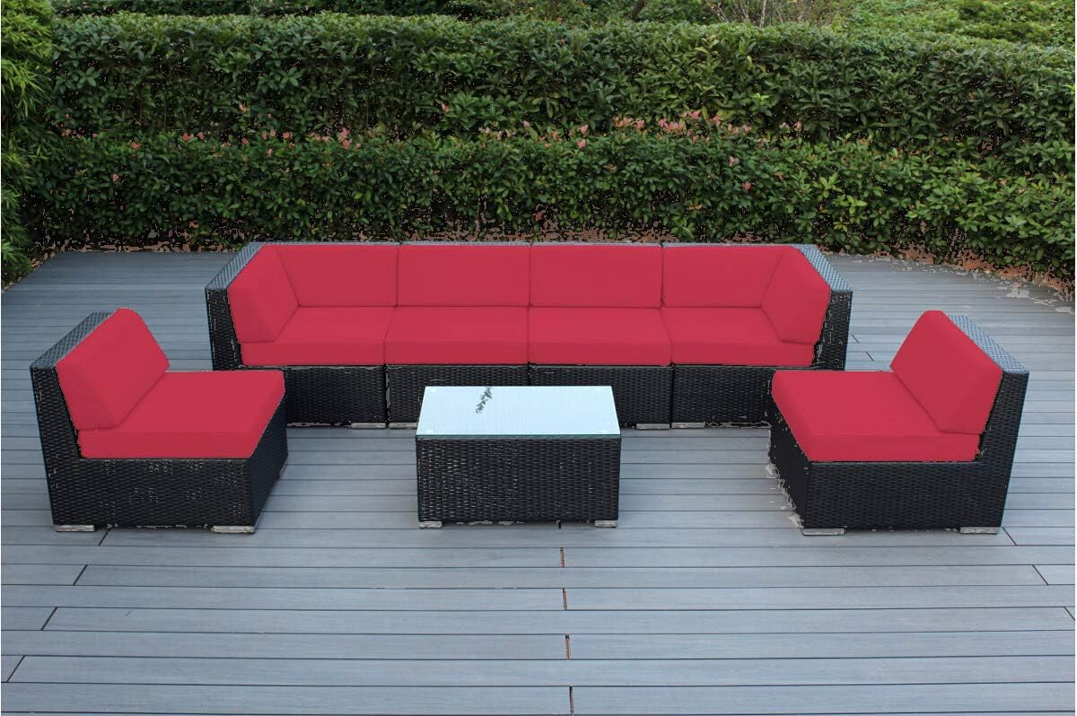 Ohana 7-Piece Outdoor Patio Furniture Sectional Conversation Set, Black Wicker with Red Cushions - No Assembly with Free Patio Cover