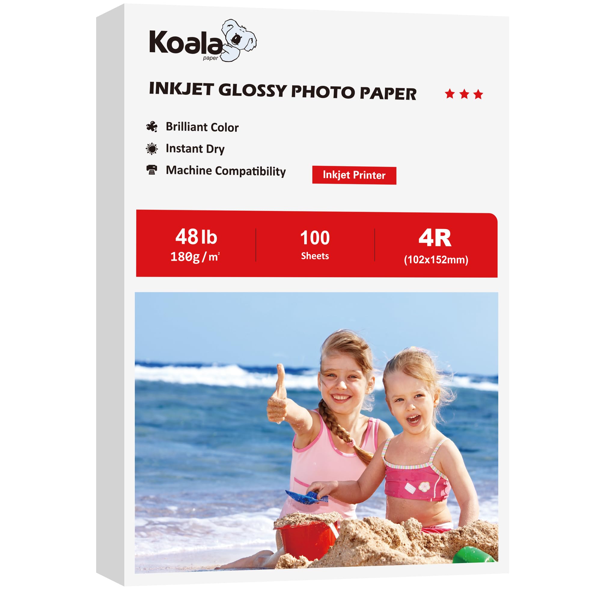Koala Glossy Inkjet Photo Paper 4X6 Inches 48lb 100 Sheets Professional Glossy Photographic Paper Compatible with Inkjet Printer Use DYE INK 180GSM