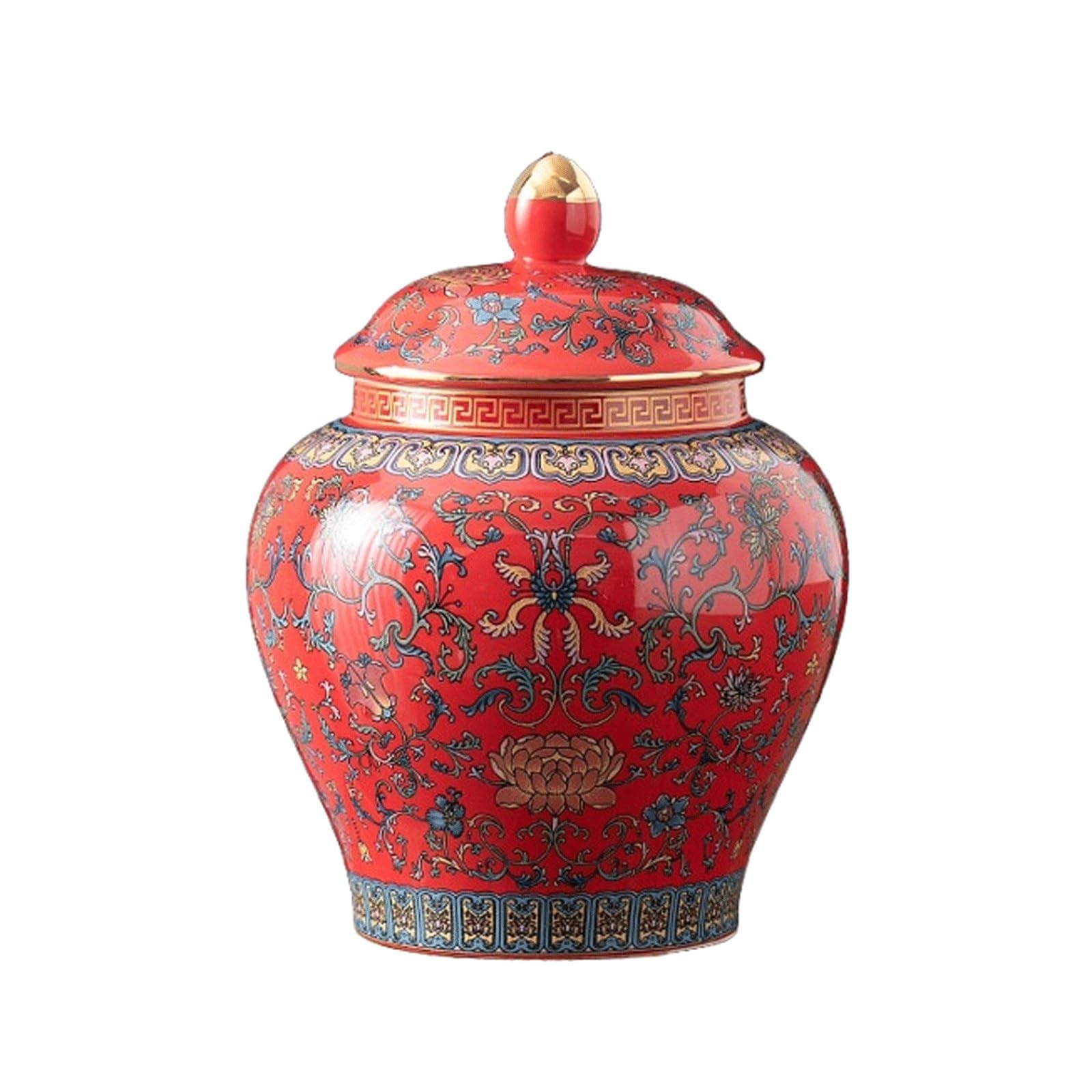Chinoiserie Ginger Jar with Lid, Storage Jar for Home Decor Temple Jar, Floral Ceramic Decorative Flower Vase Traditional Decorative Jar(Rot)
