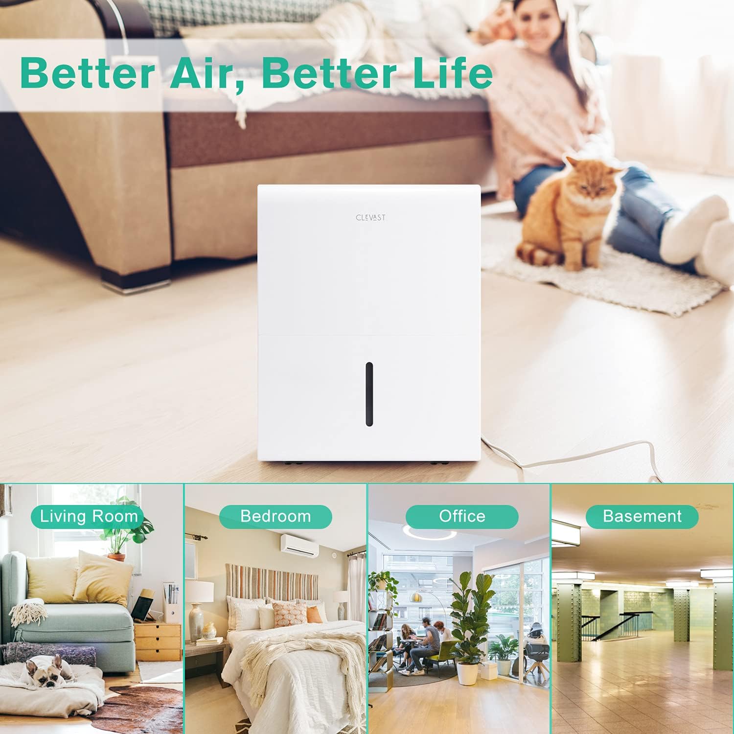 CLEVAST Dehumidifier shown in various room types: living room, bedroom, office, and basement, indicating versatile placement.