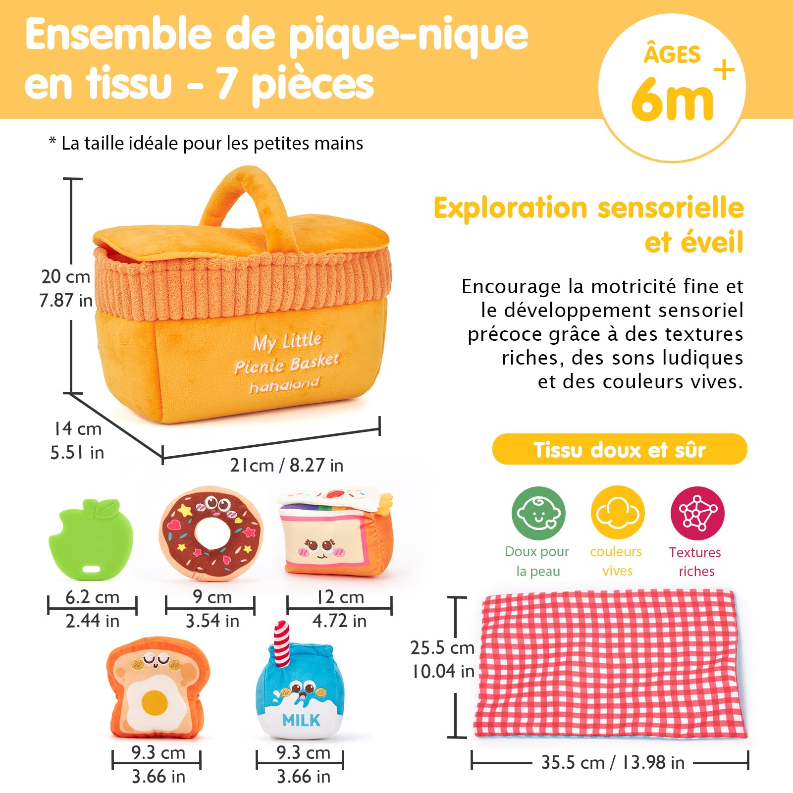 hahaland Jouets BéBé 6 à 12 Mois Peluche Sensorielle Pique-Nique – Jouet Eveil Bebe Voyage Doux Lavable avec Anneau Dentition sans BPA, Hochets, Miroir Montessori Cadeau Enfant 1+ an