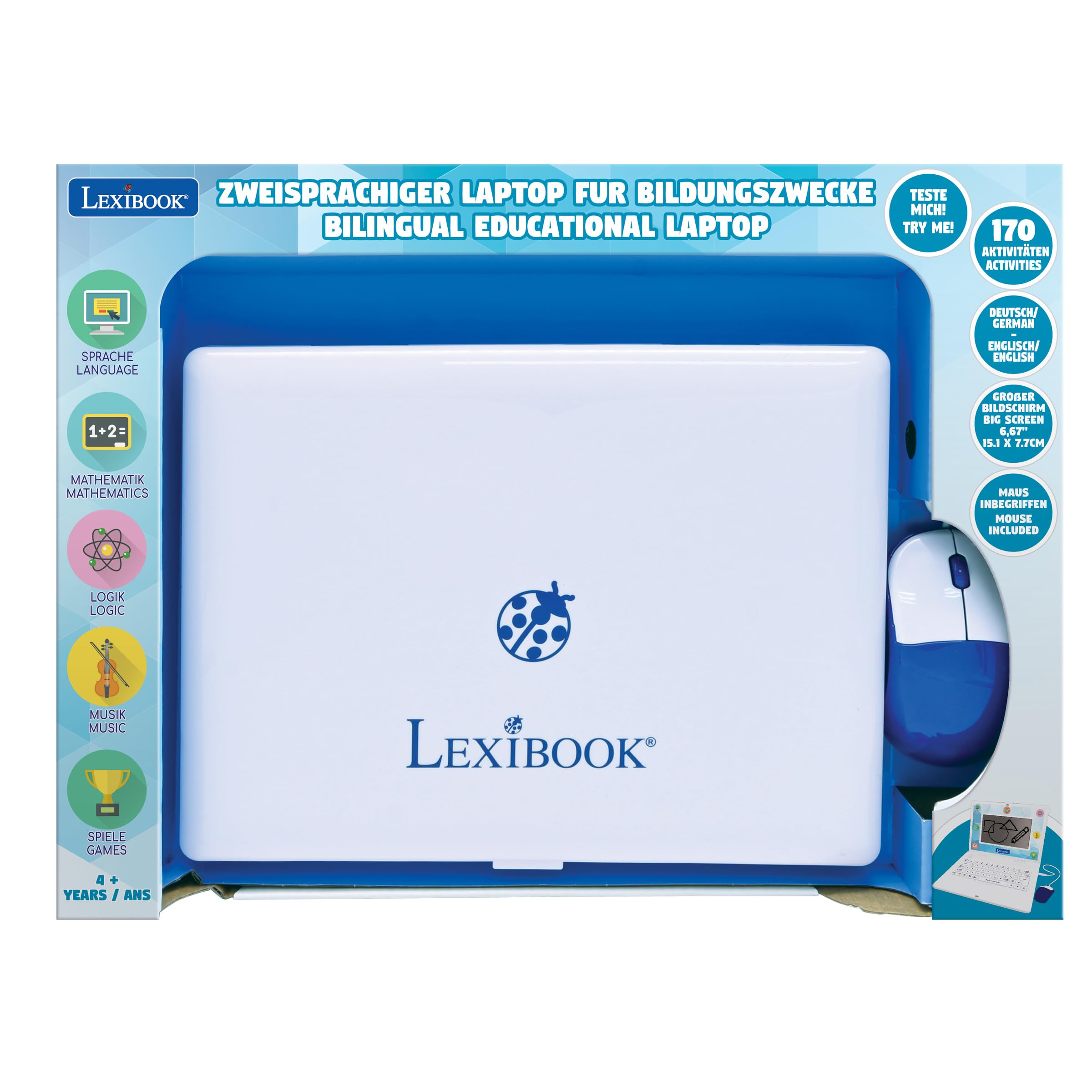 Lexibook, Dwujęzyczny i Pedagogiczny Laptop w Języku Angielskim, Niemieckim, 170 Aktywności do Nauki, Gier i Muzyki, Duży Ekran, JC599i3