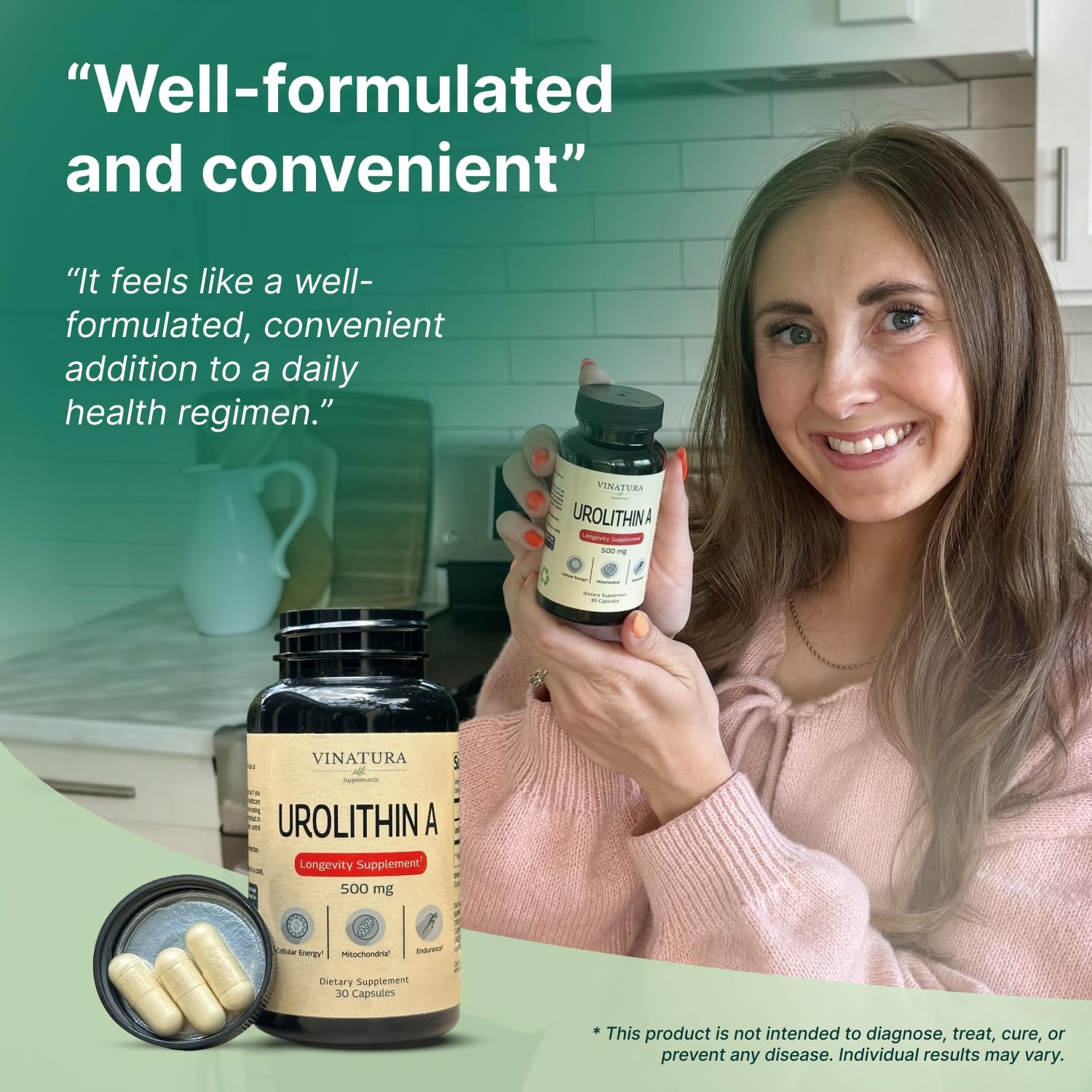 VINATURA Urolithin A Supplement 500mg - Urolithin A+ for Powerful Antioxidants, Anti Aging and Mitochondrial Support, 30 Capsules