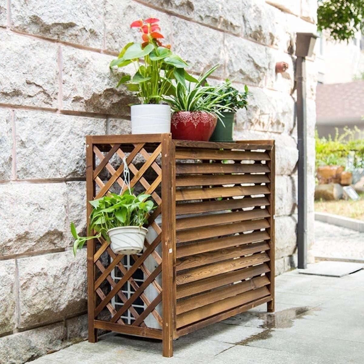 Outdoor Wooden Air Conditioner Fence Cover – Brown Plant Stand, Privacy Screen for AC Unit, Solid Wood Flower Rack with Shutters(85x35x70cm) ()