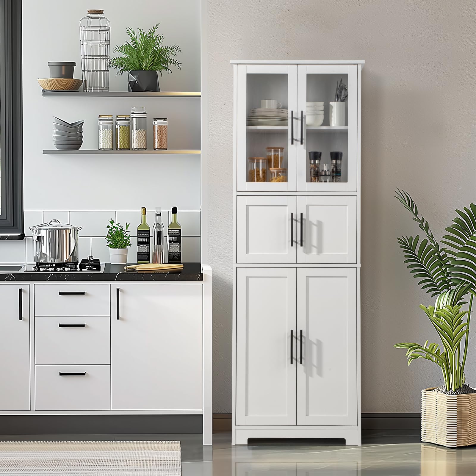LEADZM Credenza da cucina alta, mobile per riporre oggetti, armadio, ampio spazio con 4 ante, due cassetti per soggiorno, camera da letto, ufficio, 60 x 30 x 170 cm (6 porte)