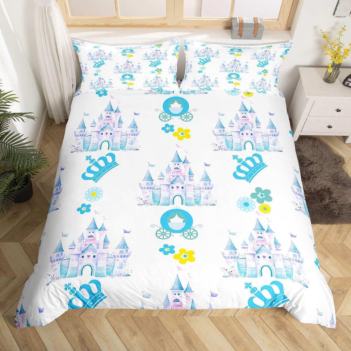 jejeloiu Kids Castle Dreamy Duvet Cover Toddler Size, Princess Comforter Cover Cute Unicorn Bedding Set Boys Girls Galaxy Rainbow Teens Bedspread Cover Bedclothes Zipper (No Comforter)